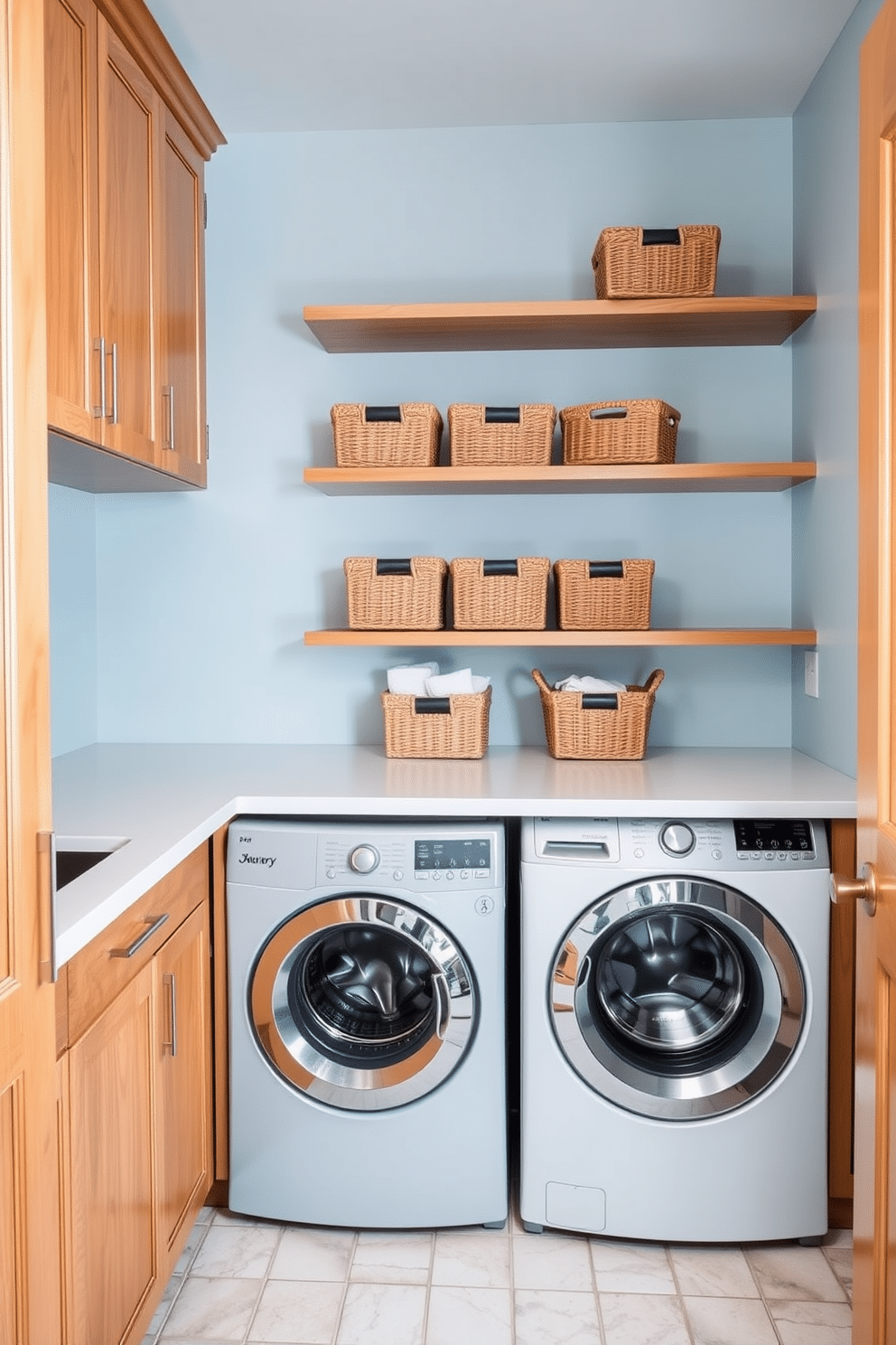 A serene laundry room featuring soft pastel blue walls that create a calming atmosphere. The space is complemented by natural wood cabinetry and shelving, providing both functionality and warmth. In the center, a sleek white countertop offers ample space for folding laundry, adorned with decorative baskets made of woven materials. A stylish, modern washing machine and dryer are seamlessly integrated into the cabinetry, enhancing the overall aesthetic.