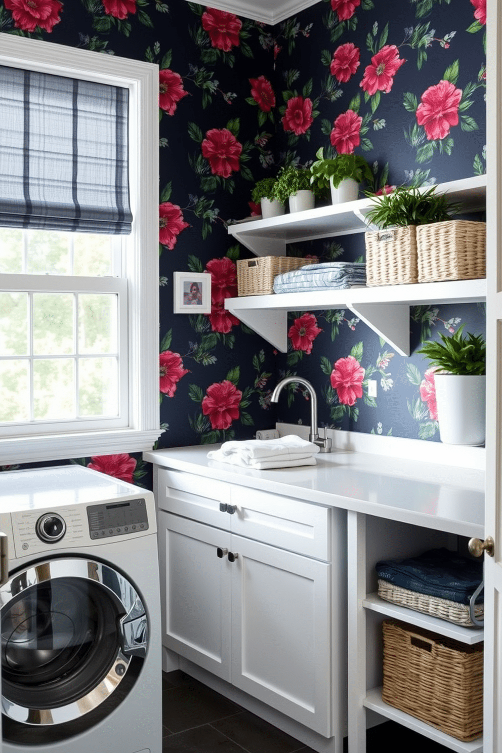 A bright and airy laundry room features bold navy wallpaper adorned with vibrant floral patterns, creating a striking backdrop. The space includes a sleek white countertop for folding clothes, complemented by stylish open shelving displaying neatly arranged baskets and plants.