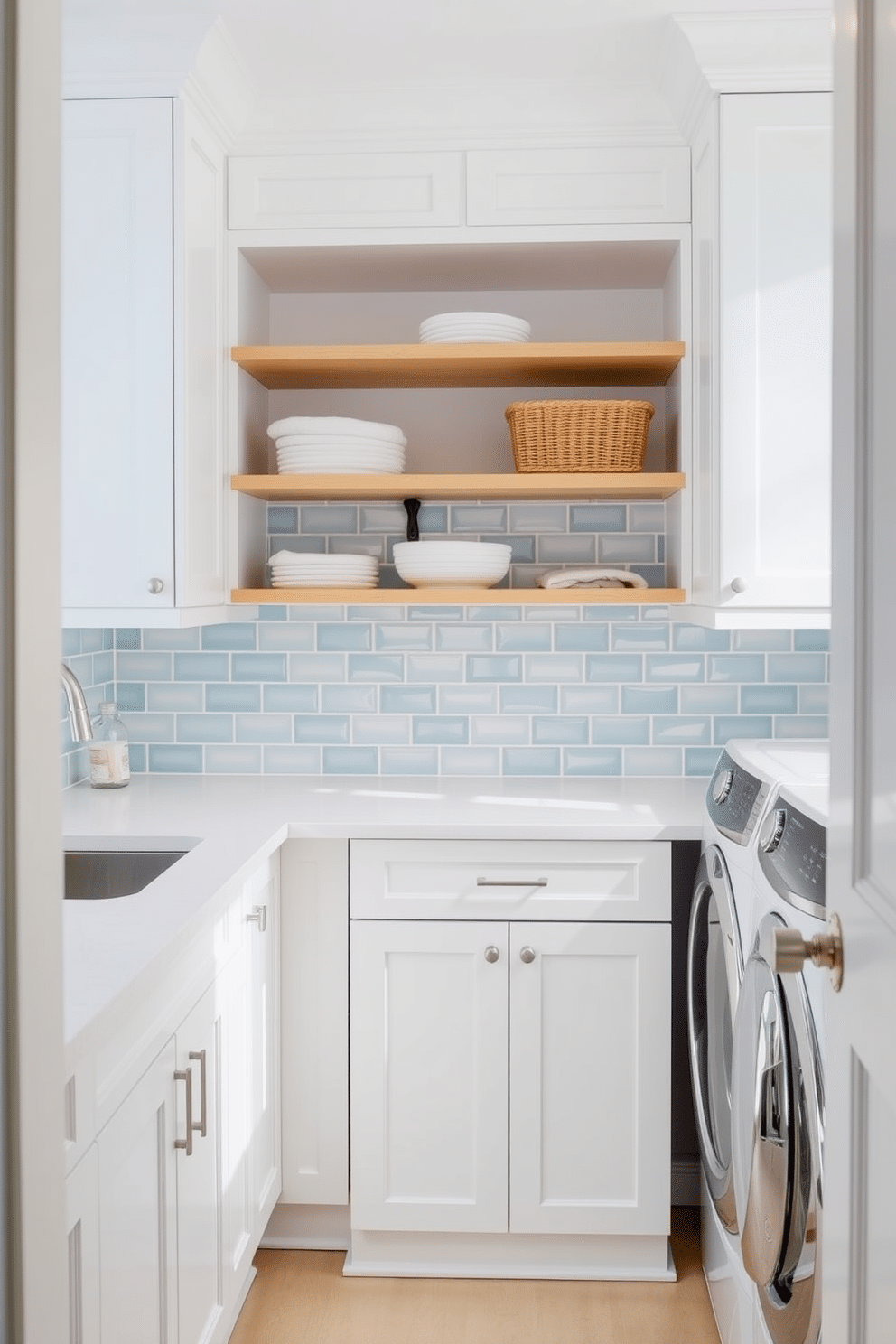 A bright and airy laundry room features a light blue tile backsplash that adds a refreshing touch. The space is complemented by sleek white cabinets, providing ample storage and a clean, modern look.