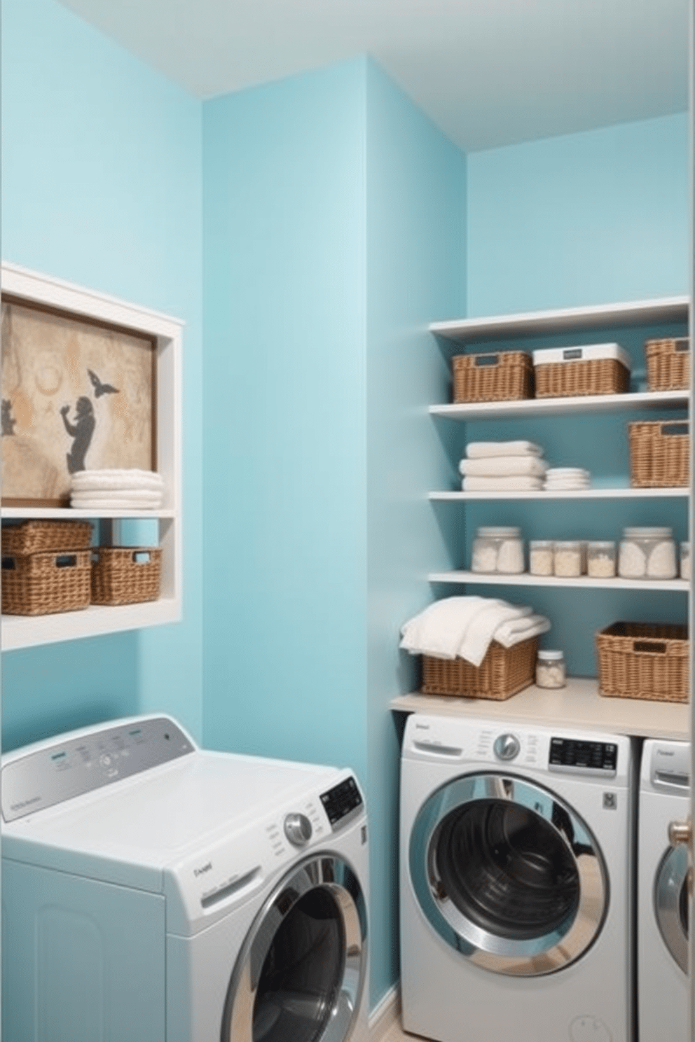 Sky blue walls create a serene and refreshing atmosphere in the laundry room, complemented by open shelving that offers stylish storage solutions. The shelving is adorned with neatly arranged baskets and decorative jars, adding both functionality and charm to the space.