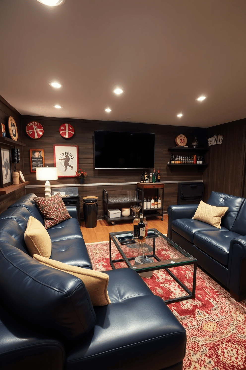 A navy blue leather sectional sofa is positioned in a cozy man cave, complemented by a sleek glass coffee table at its center. The walls are adorned with sports memorabilia, and ambient lighting highlights a mounted flat-screen TV, creating an inviting atmosphere for relaxation and entertainment. In one corner, a stylish bar cart showcases an assortment of drinks and glassware, while plush area rugs add warmth underfoot. Dark wood accents and industrial-style shelving enhance the masculine aesthetic, making this space perfect for unwinding with friends.