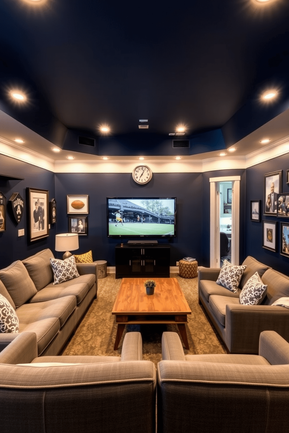 A cozy man cave with recessed lighting that casts a warm ambient glow throughout the space. The walls are painted a deep navy blue, adorned with sports memorabilia and framed artwork that reflects personal interests. A plush sectional sofa in a rich gray fabric faces a large flat-screen TV mounted on the wall. A rustic wooden coffee table sits in the center, surrounded by stylish accent chairs, creating an inviting area for relaxation and entertainment.