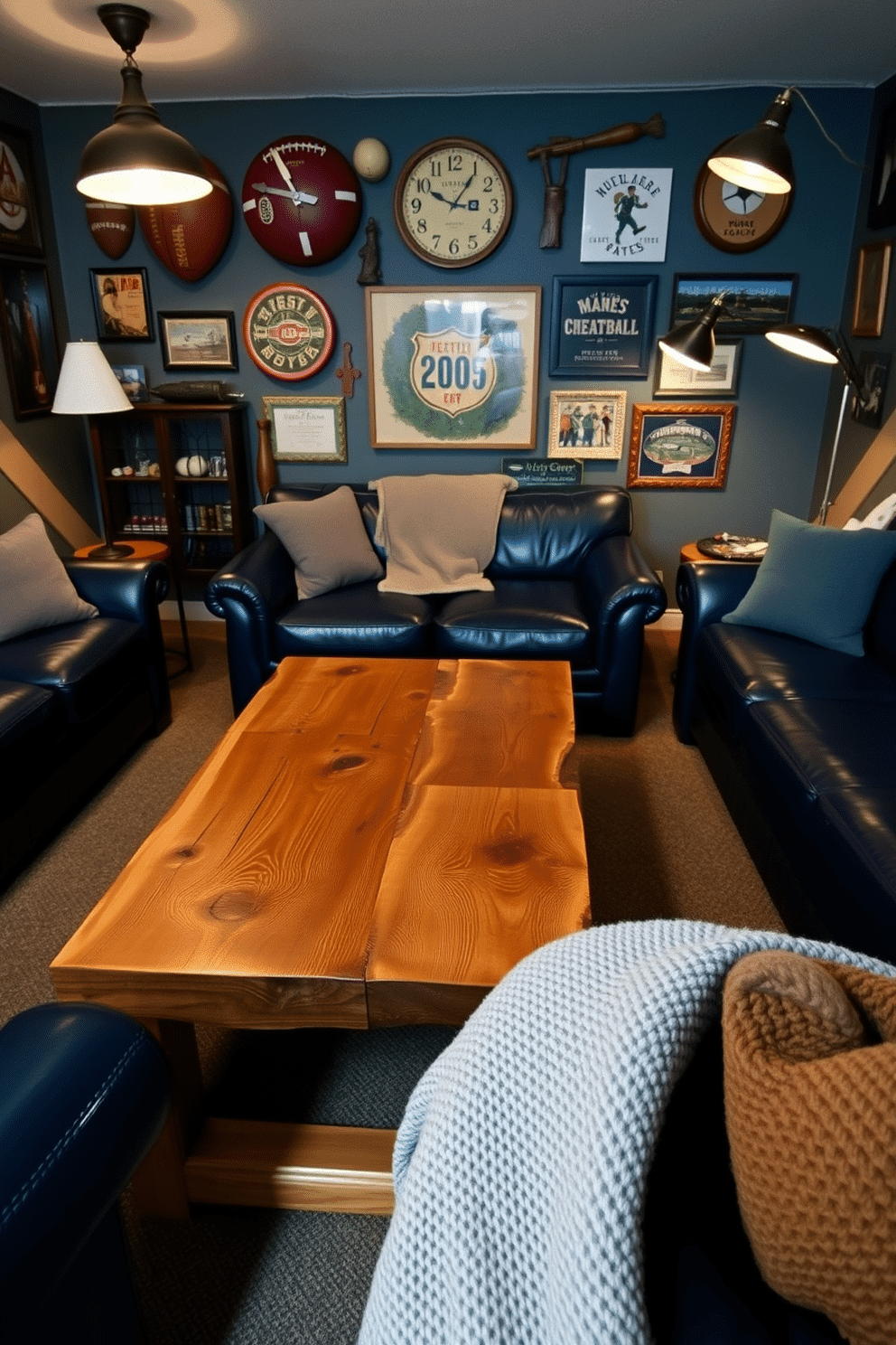 A rustic wooden coffee table serves as the centerpiece of the room, showcasing a natural finish that highlights the wood's grain and knots. Surrounding the table are plush leather sofas in deep shades of blue, complemented by soft throw pillows and a cozy wool blanket. The walls are adorned with vintage sports memorabilia, creating a vibrant atmosphere that reflects a love for games. Ambient lighting from stylish floor lamps casts a warm glow, enhancing the inviting feel of this man cave retreat.