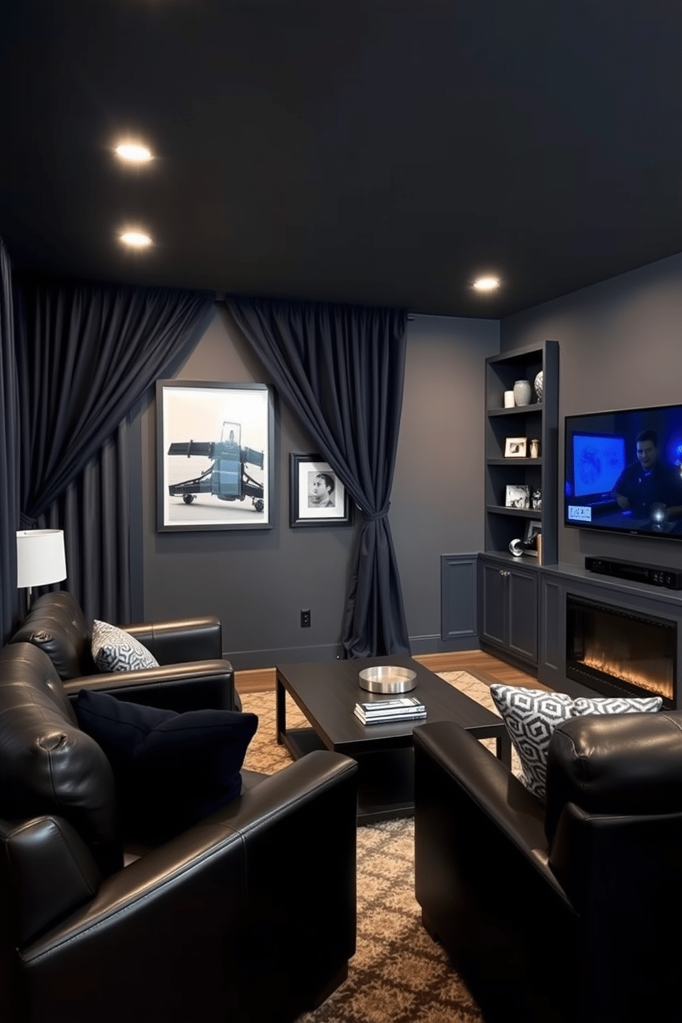 A stylish man cave featuring navy curtains that create a dramatic effect, enhancing the cozy atmosphere of the room. The space is adorned with plush leather seating, a sleek coffee table, and a large flat-screen TV mounted on the wall, perfect for entertainment. The walls are painted in a deep gray tone, complementing the navy curtains and creating a sophisticated backdrop. Accent lighting highlights the artwork and shelves filled with collectibles, while a plush area rug adds warmth and comfort underfoot.