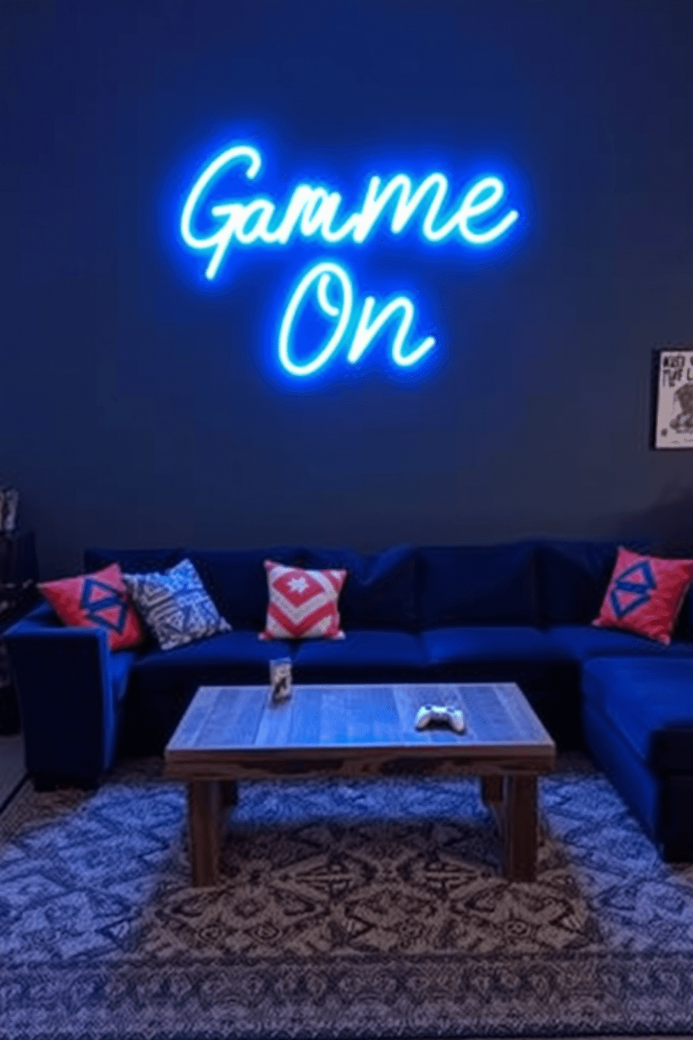 A vibrant blue neon sign glows against a dark wall, casting a playful light across the room. The sign reads 