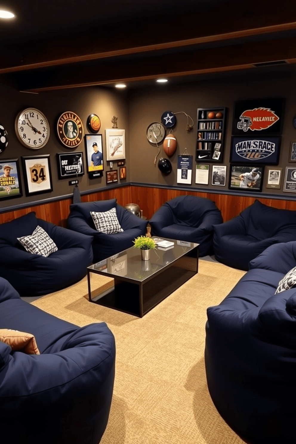 A cozy man cave featuring comfortable bean bags in rich navy shades, arranged around a sleek, modern coffee table. The walls are adorned with sports memorabilia, and ambient lighting creates a warm, inviting atmosphere.