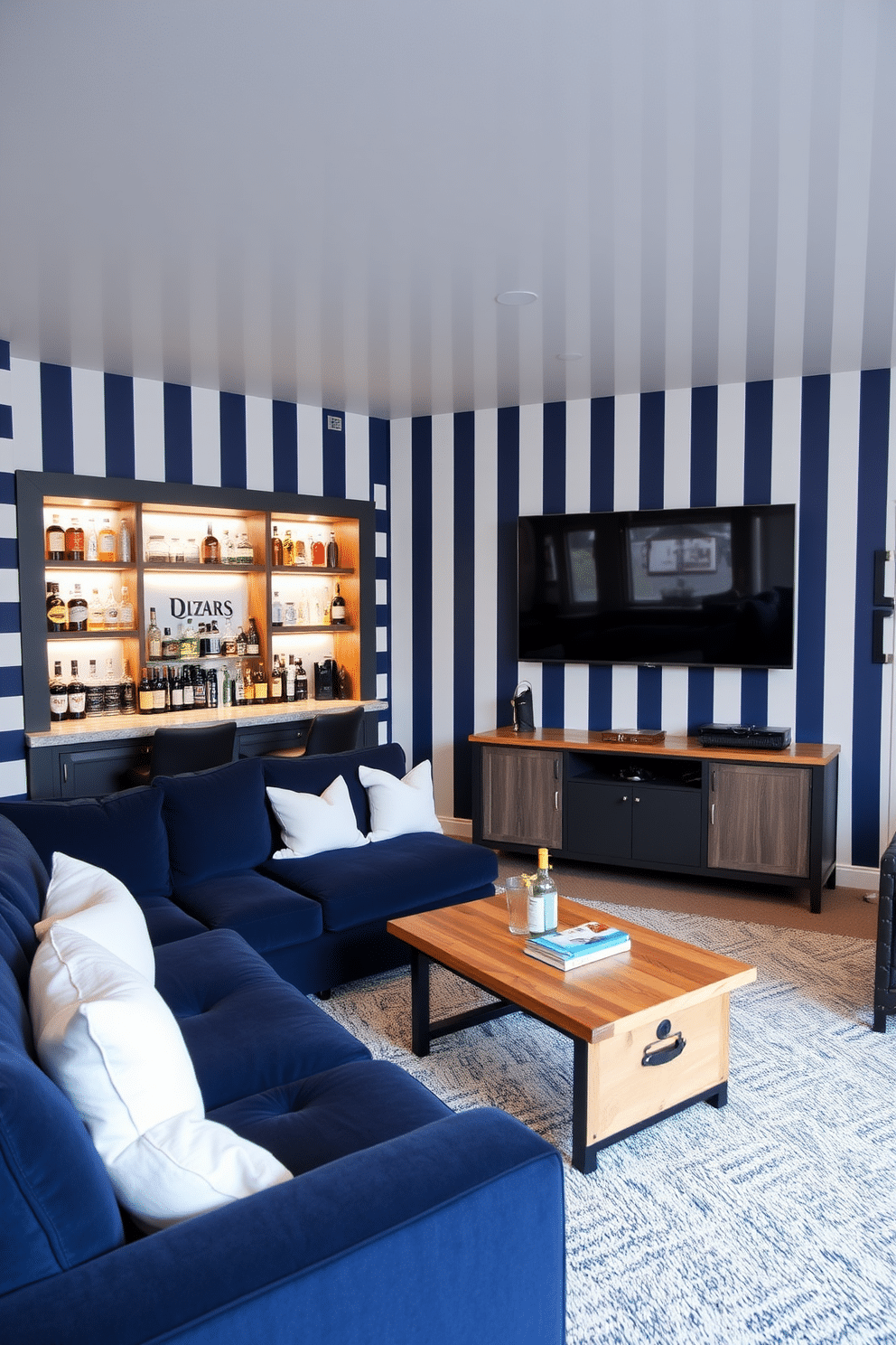 A stylish man cave with navy and white striped wallpaper that creates a bold yet inviting atmosphere. The room features a plush sectional sofa in deep navy, accented with white throw pillows, and a sleek coffee table made of reclaimed wood. In one corner, a custom-built bar showcases an array of spirits, framed by backlit shelves that add a warm glow. A large flat-screen TV is mounted above a modern media console, providing the perfect setup for entertainment.