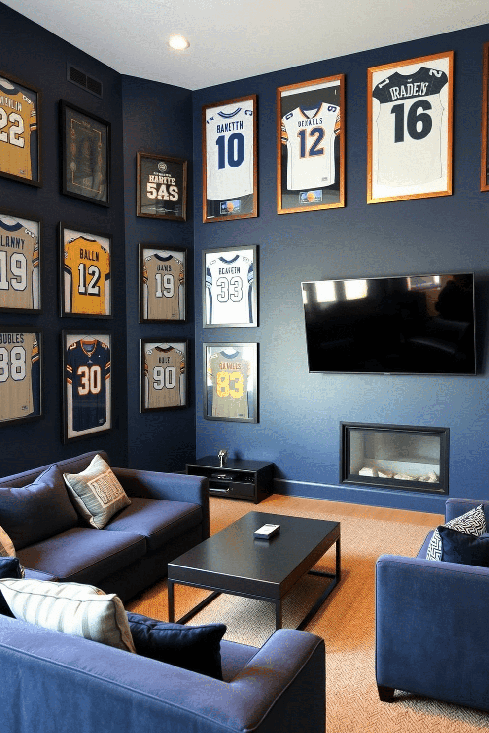 A stylish man cave featuring navy blue walls adorned with framed sports jerseys. The room includes a comfortable sectional sofa in a complementary color, a sleek coffee table, and a large flat-screen TV mounted on the wall opposite the seating area.