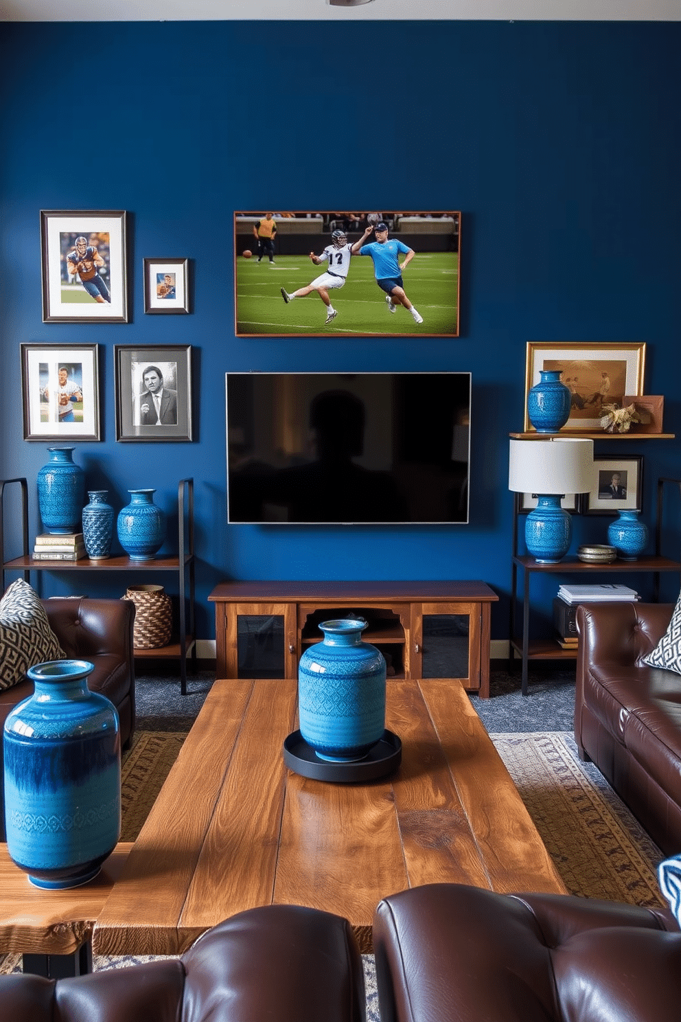 A stylish man cave featuring deep blue walls adorned with framed sports memorabilia and a large flat-screen TV mounted above a sleek wooden media console. The room is complemented by plush leather seating and a rustic coffee table made from reclaimed wood, creating a cozy yet sophisticated atmosphere. Decorative blue ceramic vases are strategically placed on shelves and tables, adding vibrant accents to the space. Each vase showcases unique textures and patterns, enhancing the overall aesthetic while serving as a focal point in the room.