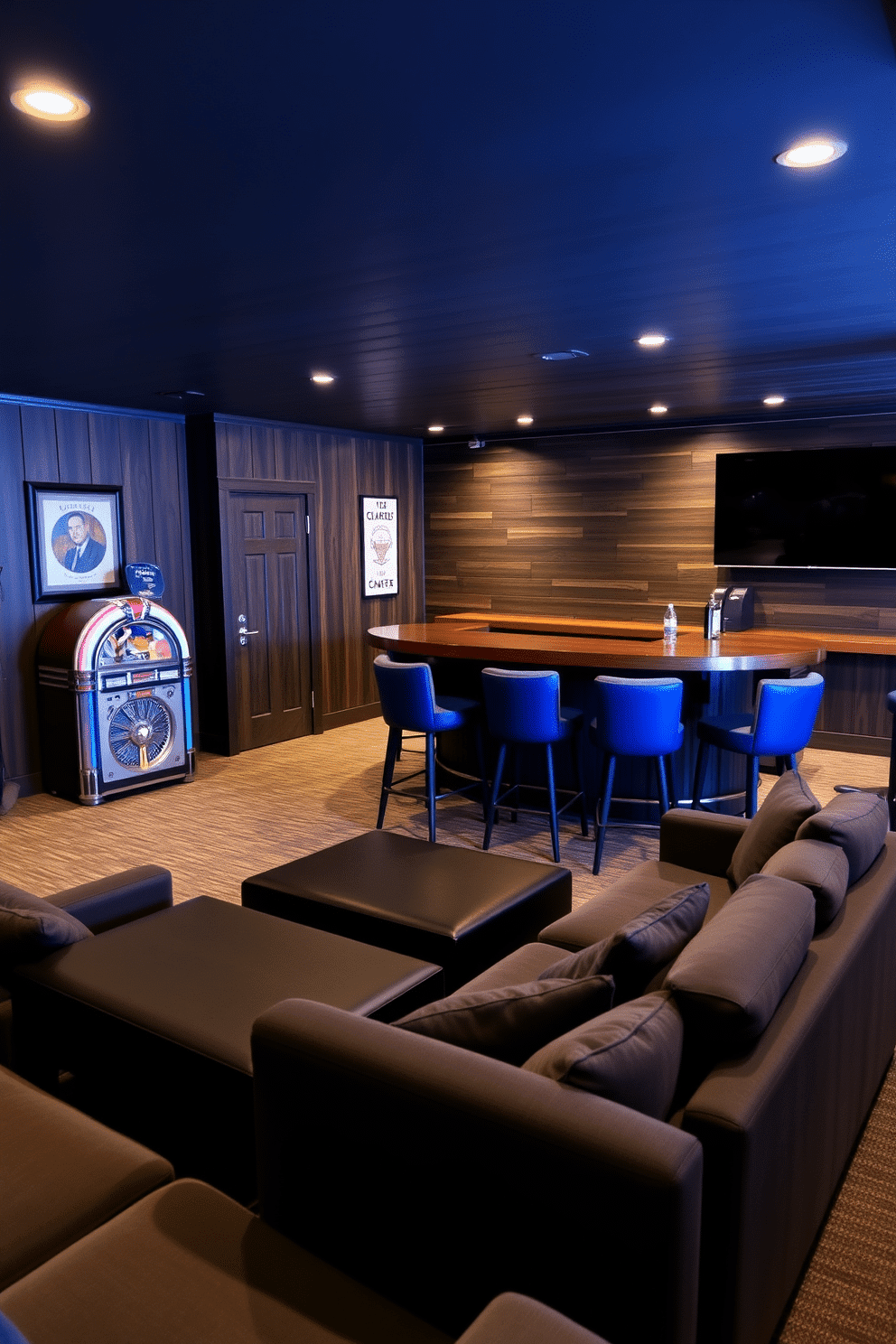 A stylish man cave featuring navy blue bar stools arranged around a sleek wooden bar. The walls are adorned with dark wood paneling, complemented by ambient lighting that creates a cozy atmosphere. In one corner, a vintage jukebox adds a retro touch, while a large flat-screen TV is mounted above the bar for entertainment. Plush seating in deep gray surrounds a low coffee table, creating an inviting space for relaxation and socializing.