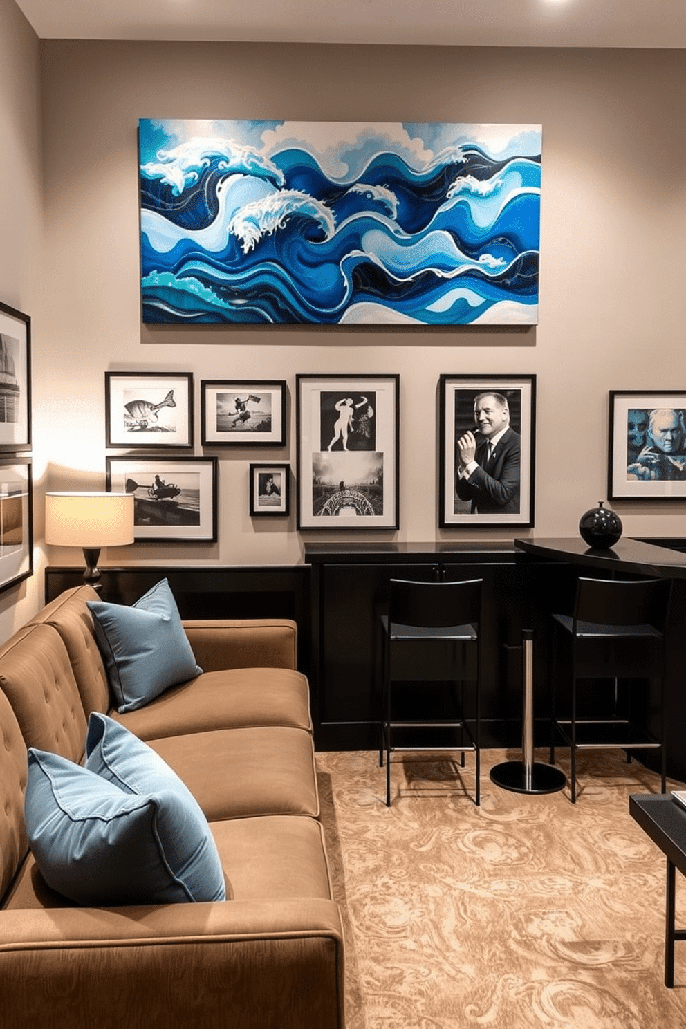 A stunning artwork featuring ocean themes in various shades of blue. The piece captures the essence of the sea, with abstract waves and marine life, creating a serene and calming atmosphere. A stylish man cave designed with comfort and sophistication in mind. The space features a plush sectional sofa, a sleek bar area with high stools, and walls adorned with framed sports memorabilia and contemporary art.