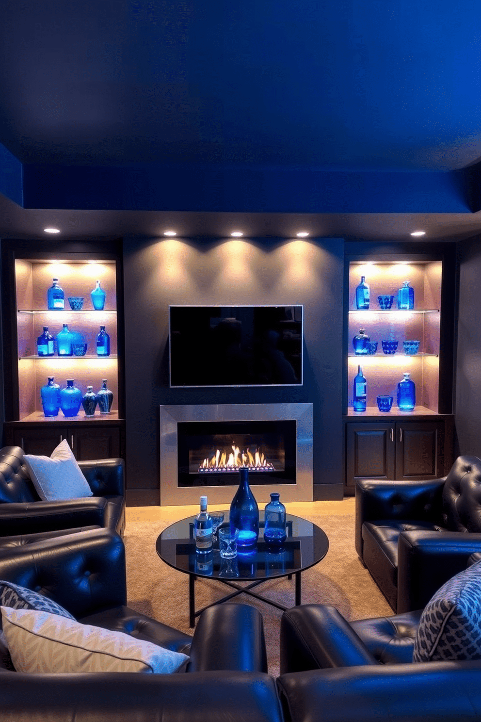 A stylish man cave featuring blue-tinted glass decor items that add a modern touch to the space. The walls are painted in a deep navy, complemented by plush leather seating and a sleek bar area with illuminated shelves showcasing the glass pieces. The room includes a large flat-screen TV mounted above a contemporary fireplace, creating a cozy atmosphere for entertaining. Accent lighting highlights the blue-tinted glass decor, enhancing the overall aesthetic and providing a relaxing ambiance for gatherings.