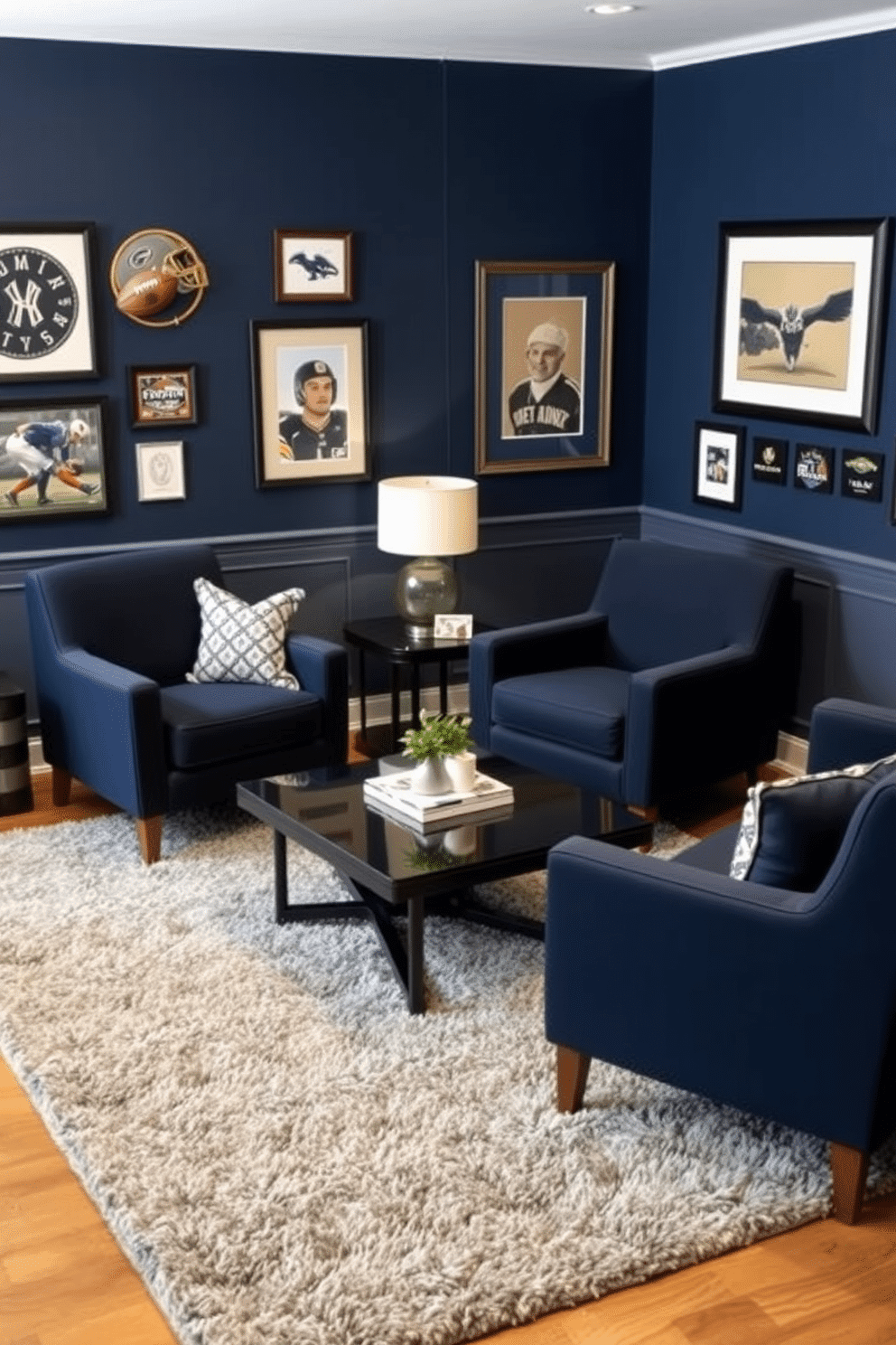 A stylish man cave designed around a navy color scheme. The space features navy accent chairs paired with a sleek, dark wood coffee table, creating an inviting area for relaxation and entertainment. The walls are adorned with sports memorabilia and framed art, enhancing the masculine vibe. Soft lighting illuminates the room, highlighting a plush area rug that complements the navy chairs and adds warmth to the space.