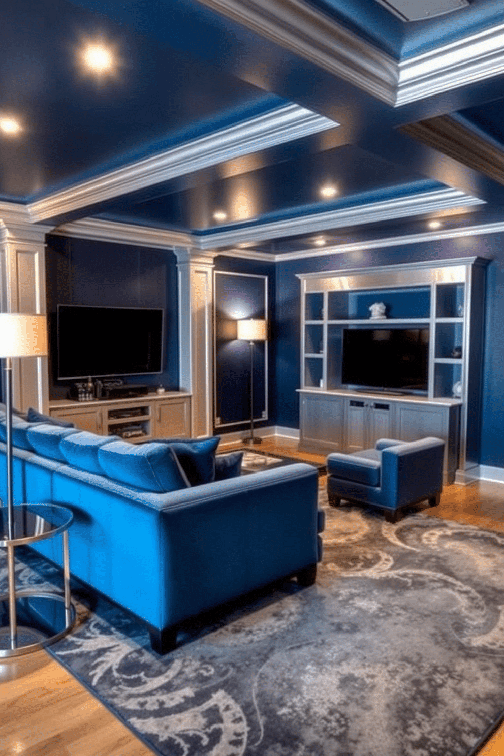 A modern man cave featuring a striking blue and silver color scheme. The walls are painted a deep navy blue, accented by silver metallic trim and furnishings. A plush sectional sofa in a rich blue fabric faces a sleek entertainment center with a silver finish. Ambient lighting in the form of recessed lights and stylish floor lamps enhances the cozy atmosphere, while a large area rug in shades of blue and silver ties the room together.