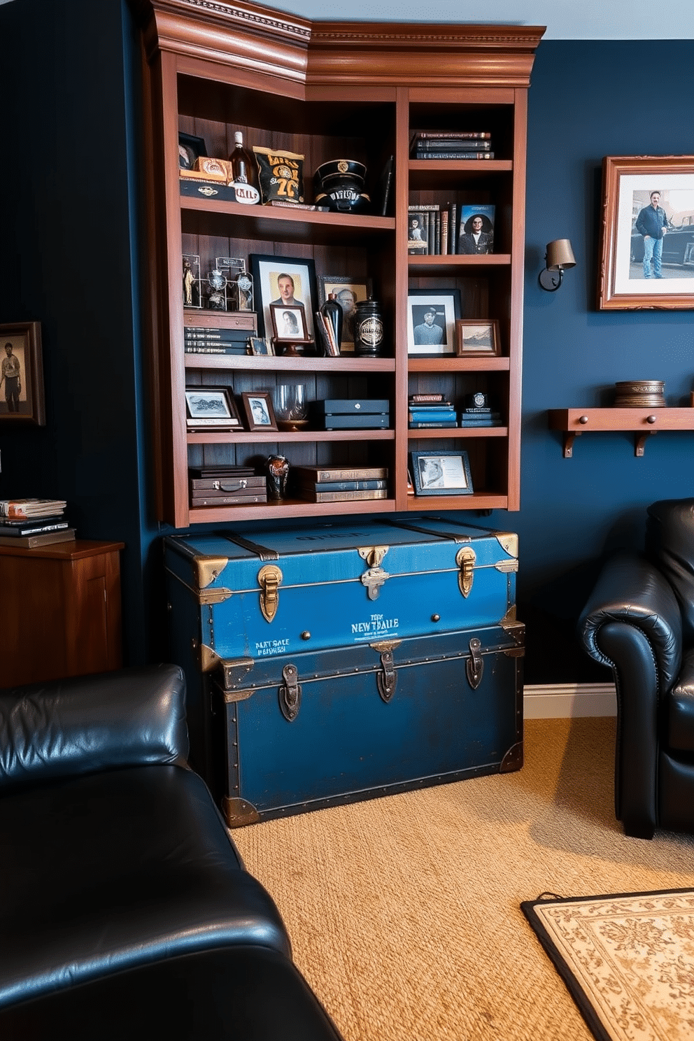 A vintage blue trunk sits in the corner of the room, serving as both a storage solution and a striking decorative piece. The trunk is adorned with brass accents and weathered leather straps, adding character to the space. The man cave features a deep navy accent wall, complemented by rich wooden shelving filled with collectibles and memorabilia. Plush seating arrangements in dark leather invite relaxation, while ambient lighting creates a cozy atmosphere for gatherings.