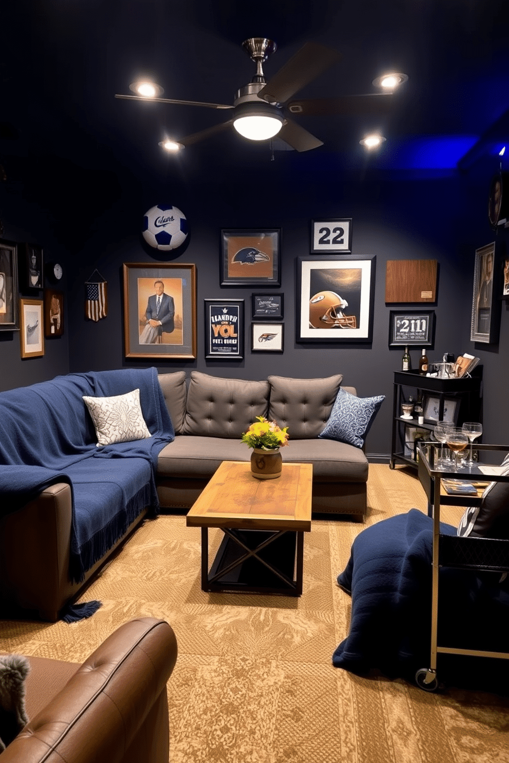 A cozy man cave featuring navy blue throw blankets draped over a plush sectional sofa, creating an inviting atmosphere for relaxation. The walls are adorned with sports memorabilia and framed artwork, while ambient lighting casts a warm glow throughout the space. Incorporate a rustic wooden coffee table at the center, surrounded by comfortable seating options. A sleek bar cart in the corner offers an array of drinks, enhancing the entertainment vibe of this stylish retreat.