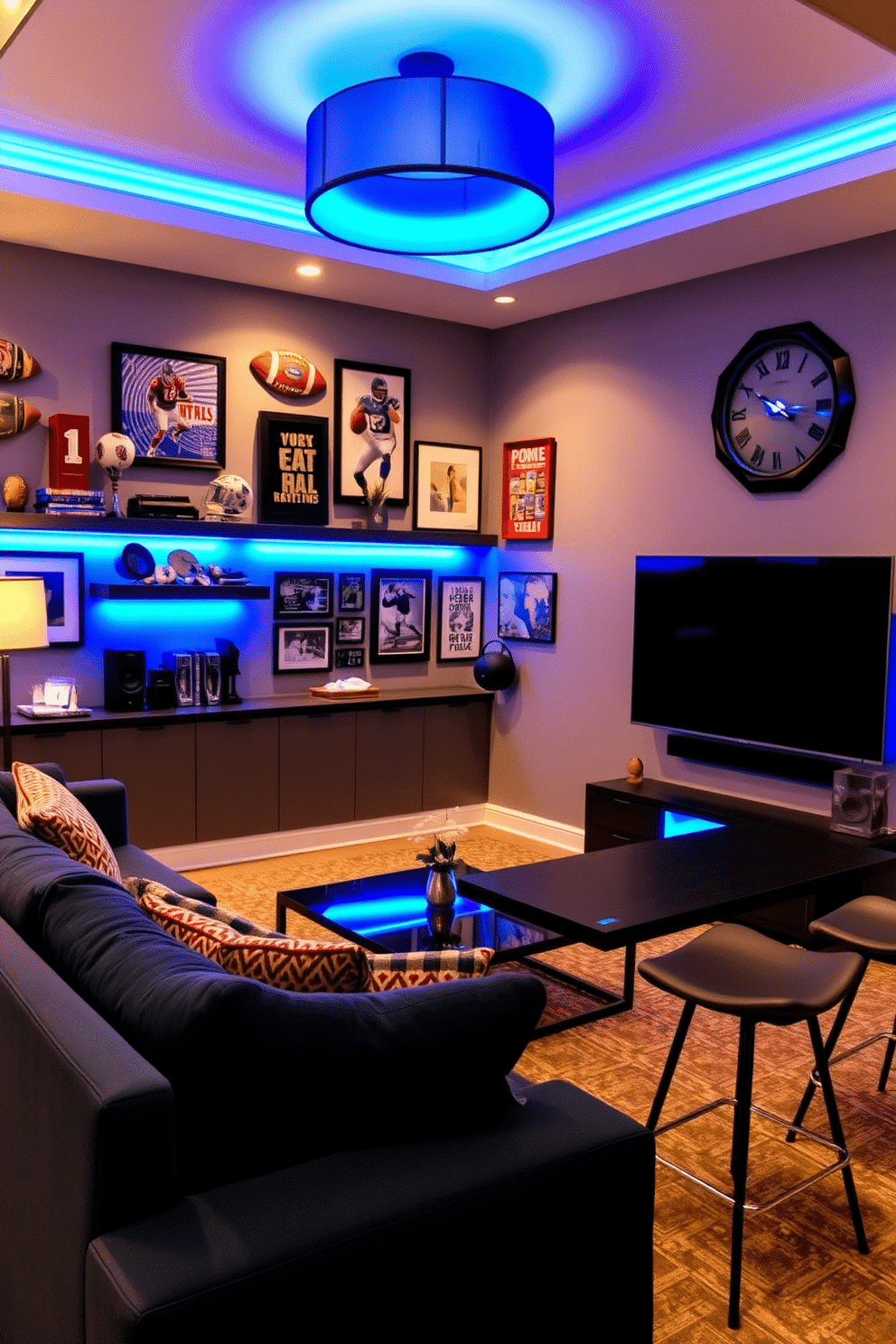 A stylish man cave featuring blue accent lighting fixtures creates a modern and inviting atmosphere. The space includes a plush sectional sofa in a deep navy, complemented by a sleek coffee table and a large flat-screen TV mounted on the wall. The blue accent lighting highlights the room's architectural features, casting a warm glow over a curated selection of sports memorabilia and artwork. A mini bar with stylish stools adds an element of sophistication, making it the perfect spot for entertaining friends.