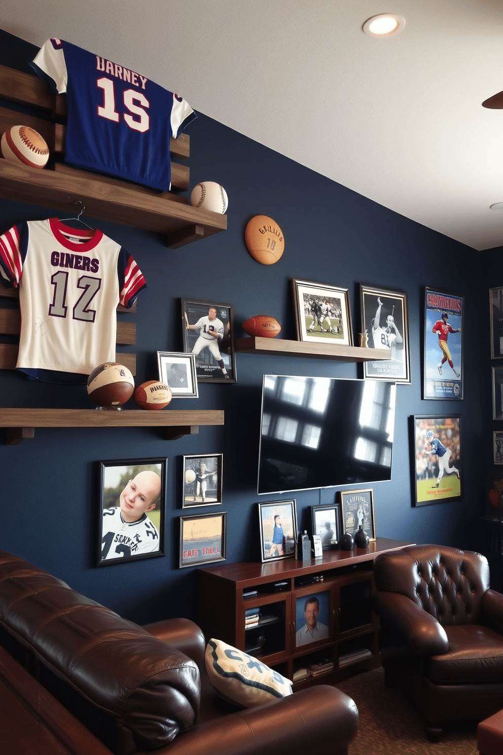 A collection of vintage sports memorabilia displayed on rustic wooden shelves, showcasing jerseys, signed balls, and framed photographs. The shelves are arranged creatively against a deep navy blue wall, with soft ambient lighting highlighting each piece. A cozy man cave featuring plush leather seating and a large flat-screen TV mounted above a stylish bar area. The decor includes vintage sports posters and memorabilia, creating an inviting atmosphere for relaxation and entertainment.