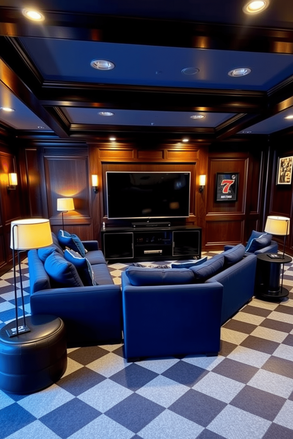 A stylish man cave featuring a blue and black checkered floor that adds a bold graphic element to the space. The walls are adorned with dark wood paneling, and a plush sectional sofa in deep navy provides comfortable seating for relaxation and entertainment. A large flat-screen TV is mounted above a sleek black media console, creating a perfect spot for movie nights. Ambient lighting from stylish floor lamps and recessed ceiling lights enhances the cozy atmosphere, while framed sports memorabilia adds a personal touch to the decor.