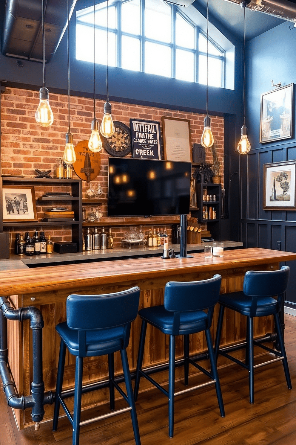 A stylish industrial-style bar featuring navy accents. The bar is constructed from reclaimed wood with metal piping, and navy blue bar stools line the counter, complemented by exposed Edison bulbs hanging overhead. The walls are adorned with brick and dark wood paneling, creating a cozy yet modern atmosphere. A large flat-screen TV is mounted above the bar, surrounded by vintage decor and framed artwork, perfect for a man cave retreat.