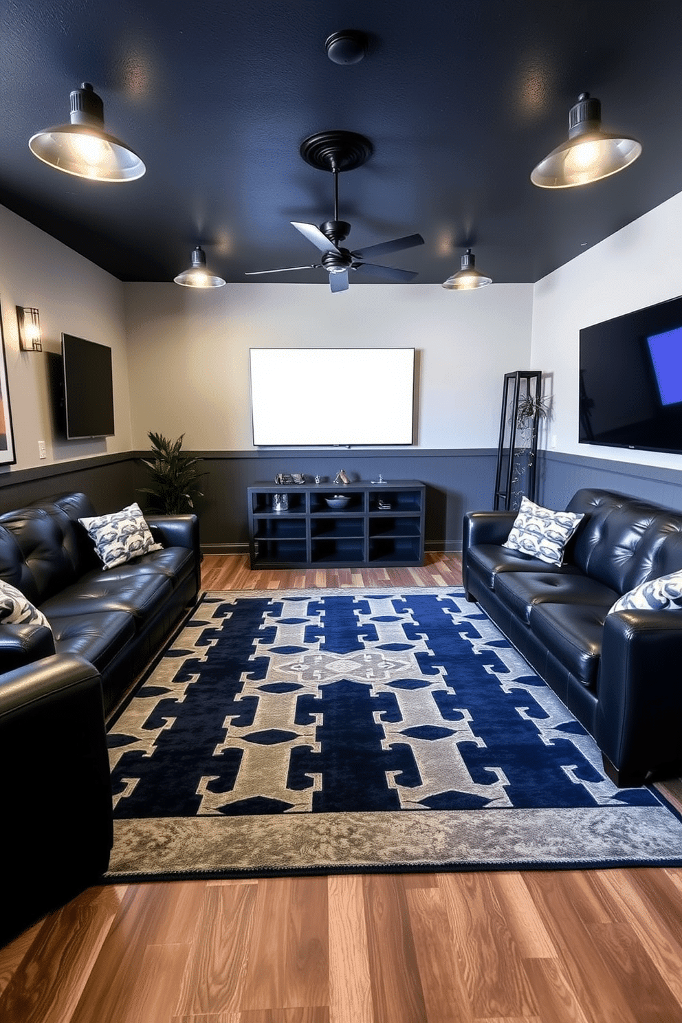 A stylish man cave featuring a navy and gray area rug as the centerpiece. The room is adorned with dark leather furniture, complemented by industrial-style lighting fixtures and a large flat-screen TV mounted on the wall.