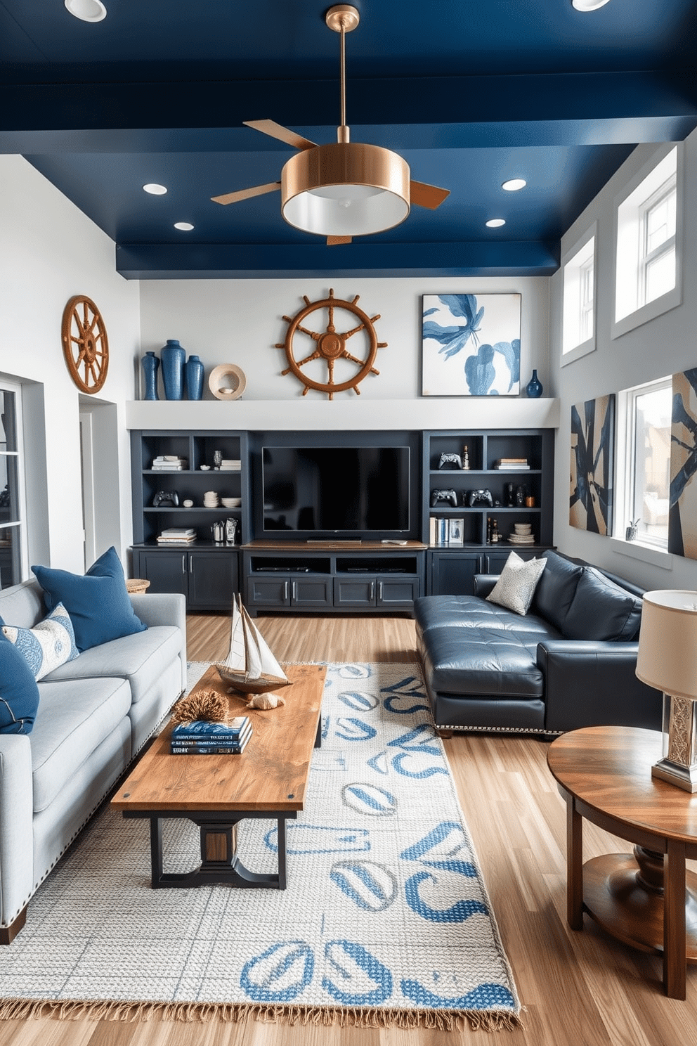 A nautical-themed decor setting features a cozy living room adorned with blue accents. The walls are painted a soft white, complemented by navy blue throw pillows on a light gray sofa and a large, woven rug with hints of blue and beige. In a corner, a vintage wooden ship wheel is mounted above a rustic coffee table, which holds nautical-themed books and a small model sailboat. Shells and driftwood are artfully arranged on shelves, while large windows allow natural light to illuminate the space, enhancing the coastal vibe. For the blue man cave design, envision a stylish, masculine retreat with deep blue walls and leather furnishings. A plush navy sectional sofa faces a sleek entertainment center, showcasing a large flat-screen TV and an array of gaming consoles. Accents of brushed metal and dark wood add sophistication, while a custom bar area stocked with various spirits and glassware invites gatherings. Artwork featuring abstract designs in shades of blue and gray adorns the walls, completing the modern yet inviting atmosphere.