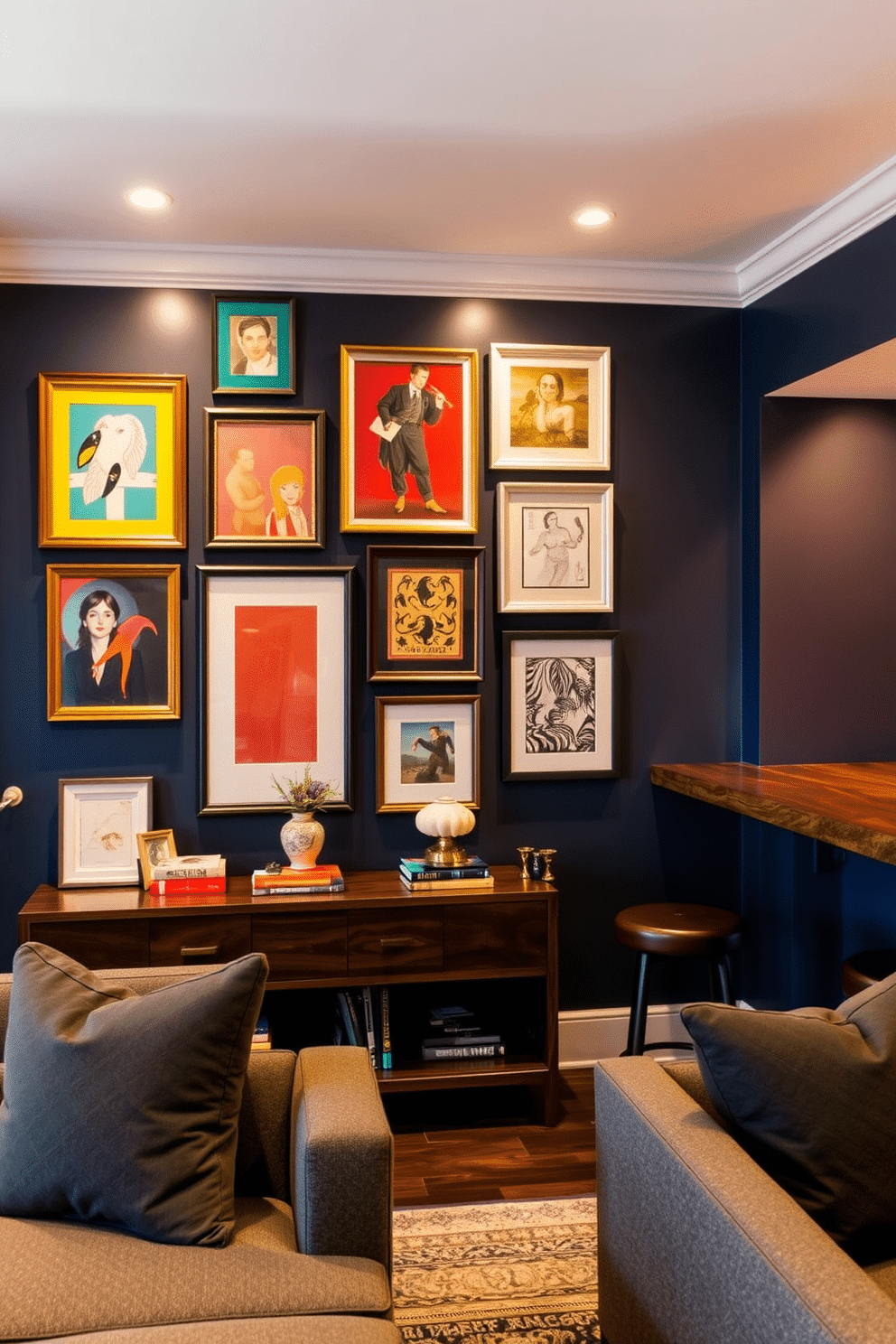 A gallery wall adorned with an eclectic mix of framed art pieces, showcasing vibrant colors and various styles, creates a striking focal point in the room. Below the artwork, a sleek console table in a dark wood finish holds decorative items and books, adding a touch of sophistication to the space. The Blue Man Cave features deep blue walls that evoke a sense of calm and relaxation, complemented by plush seating in rich gray tones. A rustic wooden bar with high stools invites socializing, while strategically placed ambient lighting enhances the cozy atmosphere, perfect for entertaining friends.