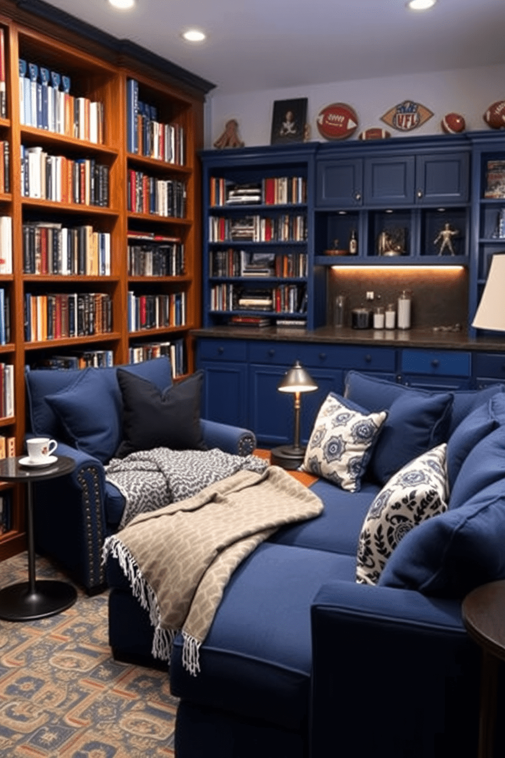 Cozy reading nook with navy cushions. A plush armchair is nestled in the corner, surrounded by tall bookshelves filled with well-loved novels. A soft, patterned throw blanket drapes over the armchair, inviting relaxation. A small side table holds a steaming cup of tea and a reading lamp with a warm glow. Blue Man Cave Design Ideas. The space features a large sectional sofa upholstered in deep blue fabric, perfect for lounging during game nights. A custom bar area with blue cabinetry and sleek countertops complements the overall theme, while sports memorabilia decorates the walls, adding a personal touch.