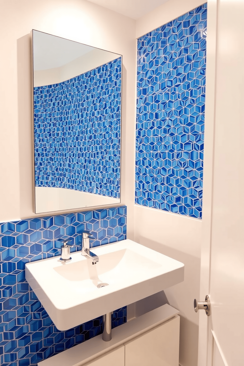 A chic powder room featuring a stunning backsplash made of geometric blue tiles, creating a vibrant focal point. The walls are adorned in a soft white, enhancing the brightness of the space while complementing the intricate tile design. A sleek, modern vanity with a polished chrome faucet sits below a large, frameless mirror that reflects the bold tile pattern. Soft ambient lighting illuminates the room, highlighting the unique textures and colors of the geometric tiles.