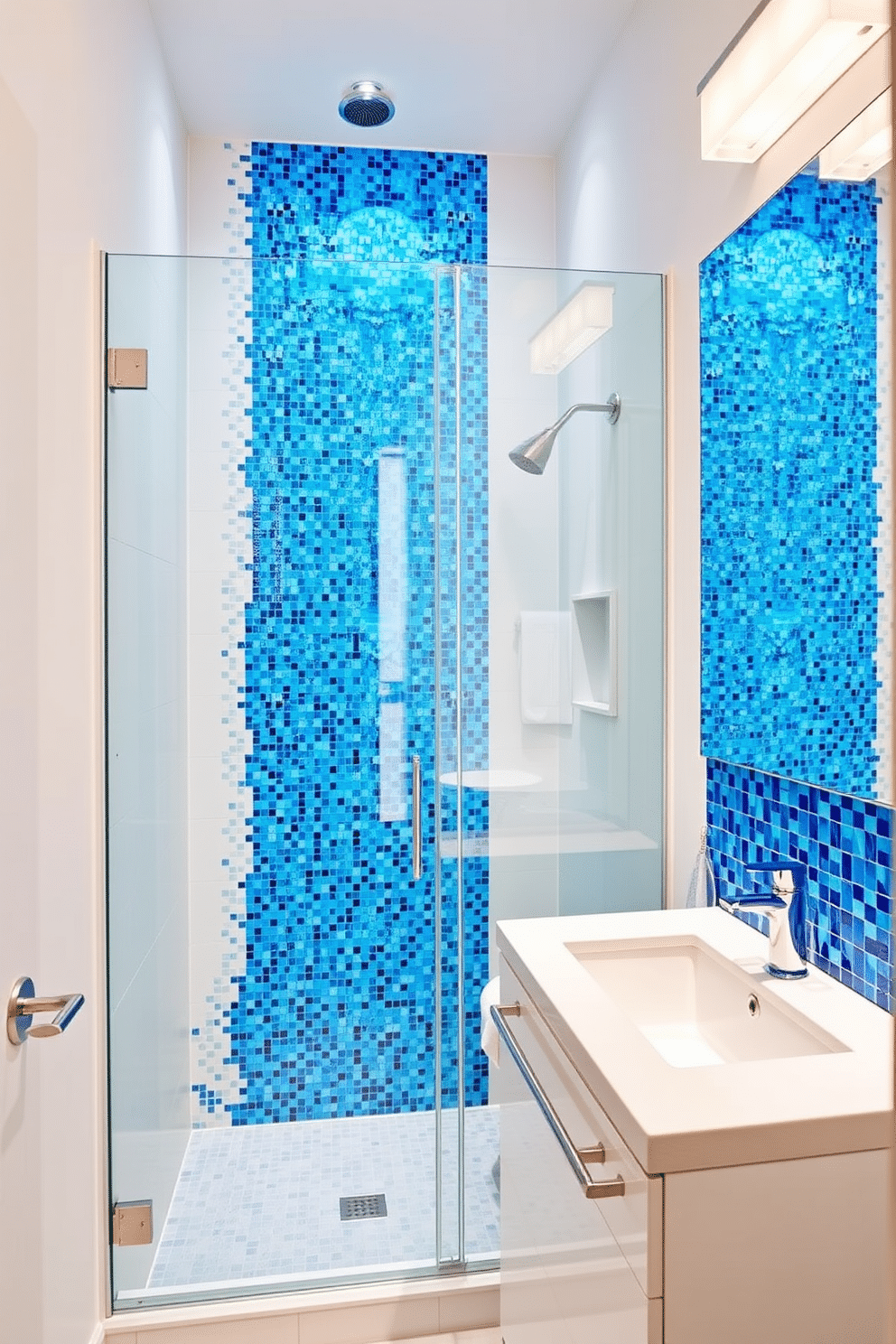 A luxurious powder room featuring a glass shower adorned with stunning blue mosaic tiles that create a vibrant focal point. The walls are painted in a soft white, complementing the shimmering tiles, while a sleek, modern vanity with a polished chrome faucet adds elegance to the space.