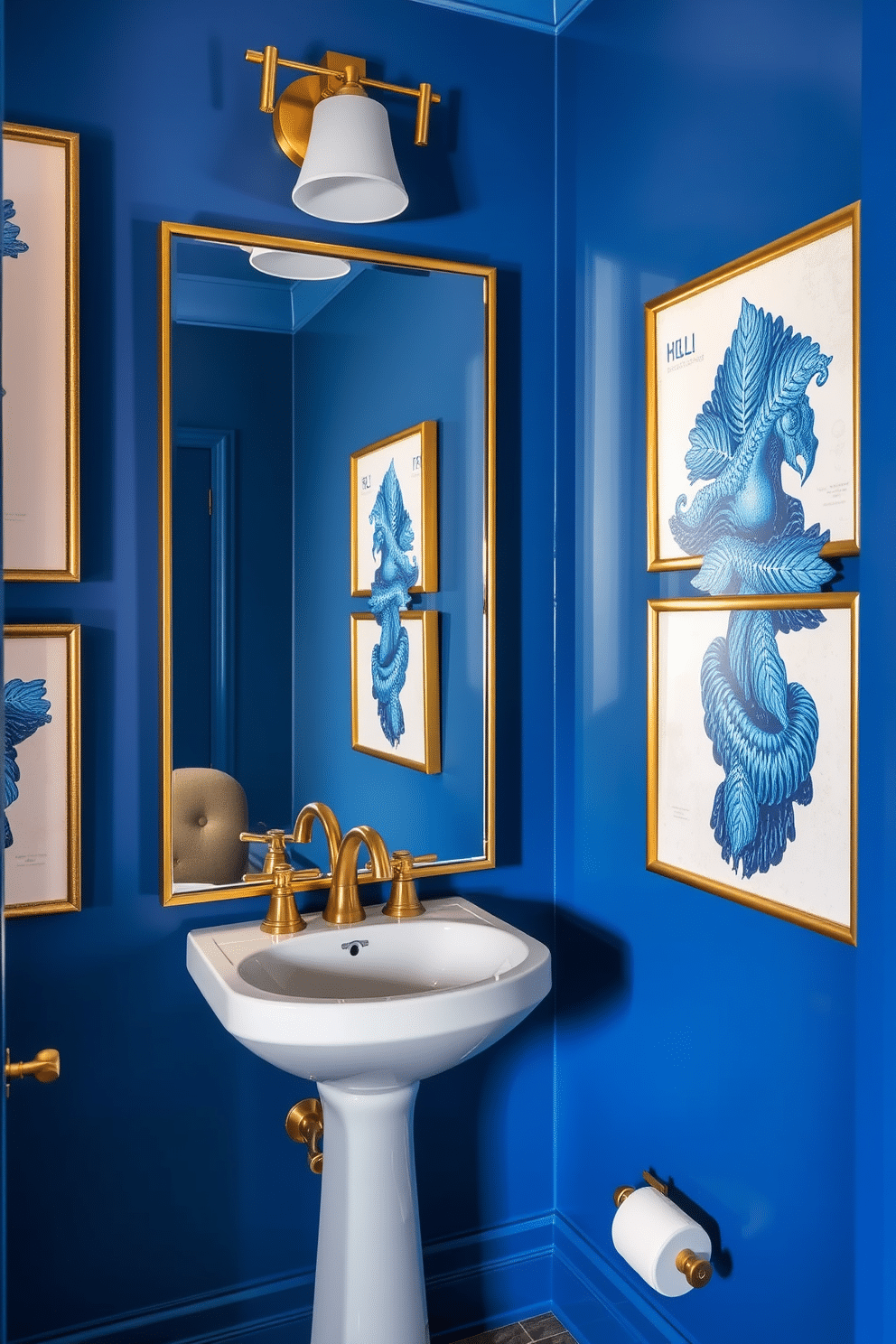 A chic blue powder room adorned with vintage blue and gold artwork on the walls, creating a striking focal point. The space features a sleek gold-framed mirror above a stylish pedestal sink, complemented by elegant gold fixtures and soft ambient lighting.