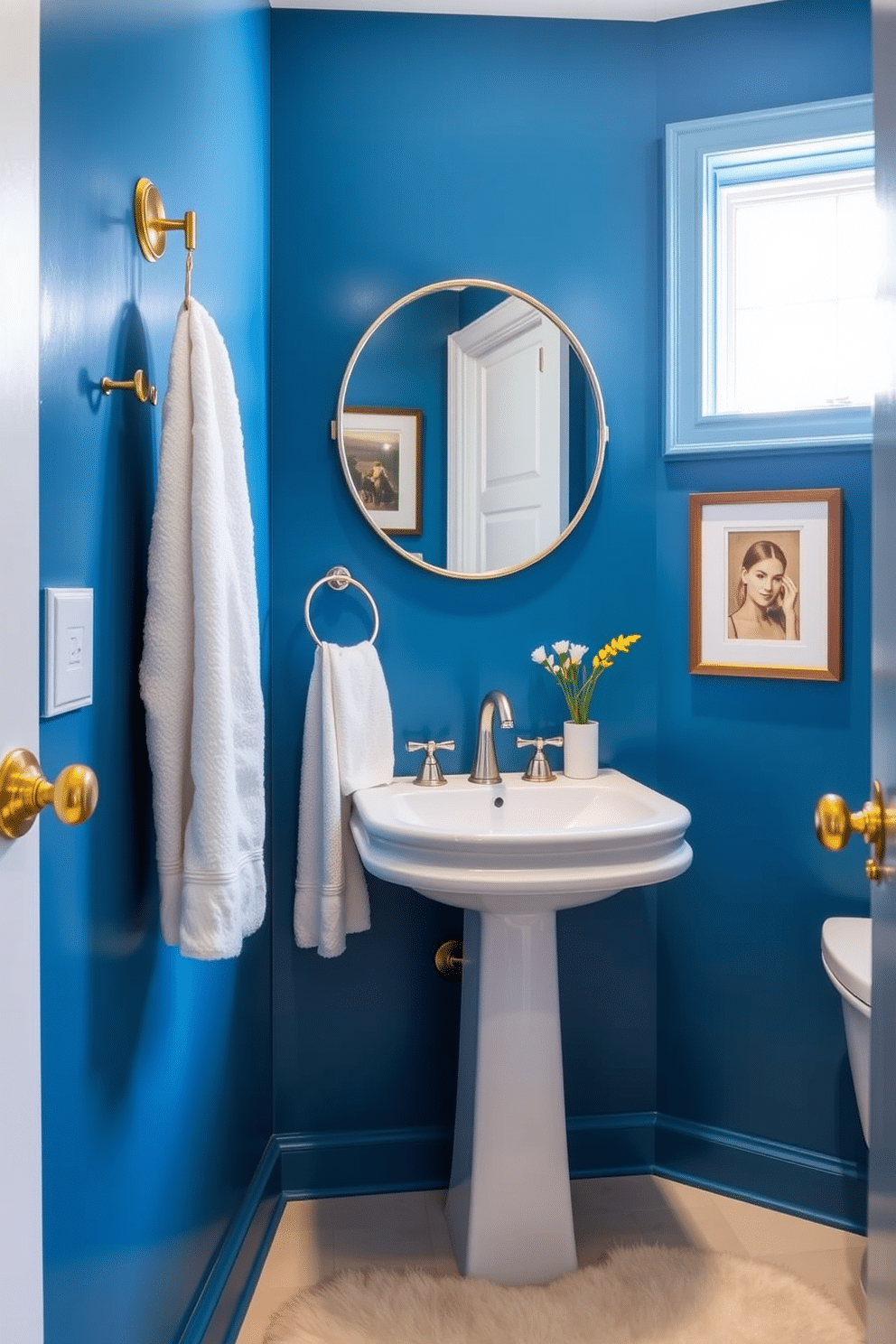 Chic gold towel bars are elegantly mounted on vibrant blue walls, adding a touch of luxury to the space. The room features a stylish pedestal sink with a sleek faucet, complemented by a round mirror that enhances the room's brightness. A small window allows natural light to filter in, illuminating the rich blue hue and creating a refreshing atmosphere. Decorative accents, such as a plush rug and curated artwork, provide a cozy yet sophisticated feel to this powder room.