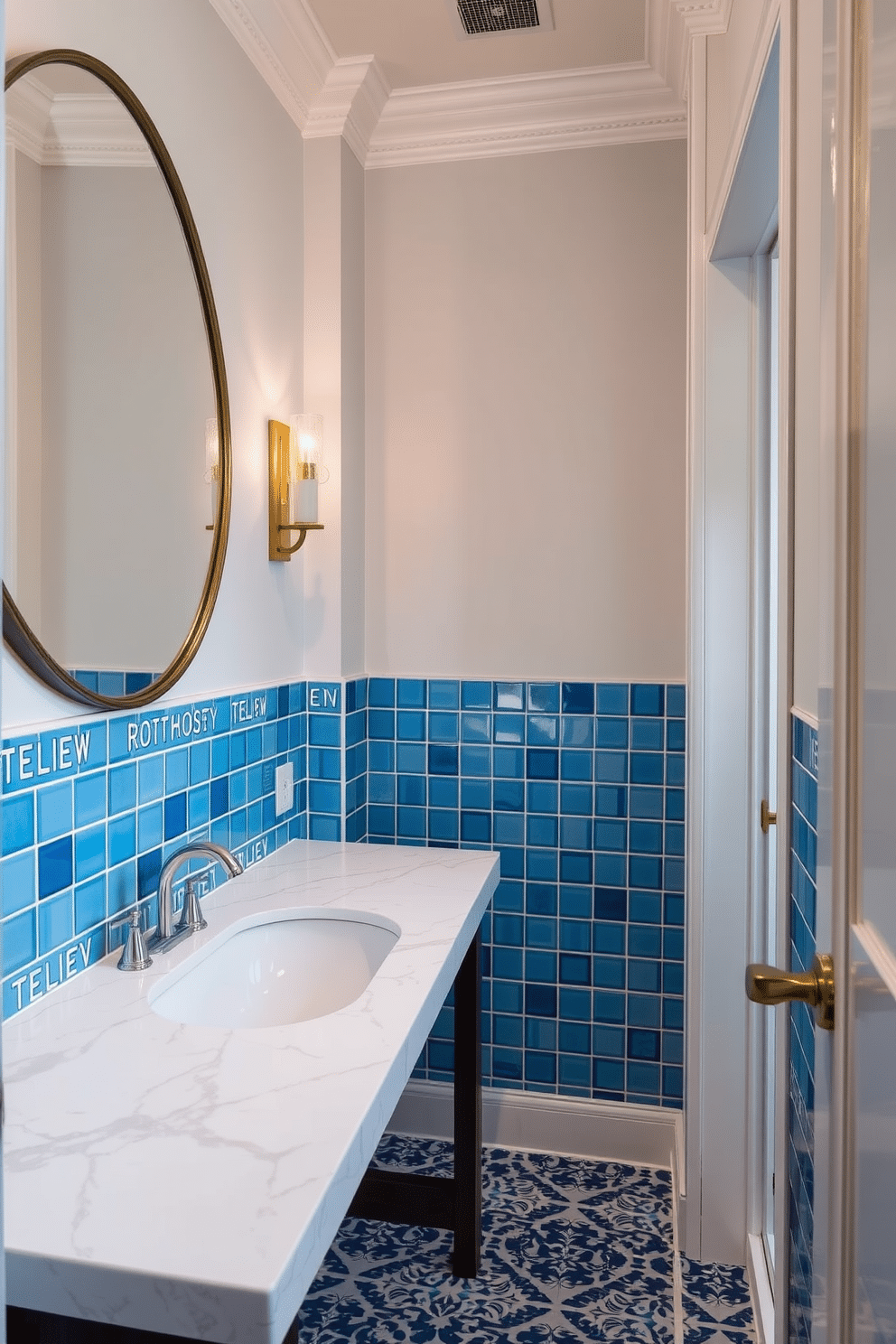 A stunning powder room featuring a white marble countertop that contrasts beautifully with vibrant blue tiles on the walls. The space is illuminated by elegant sconces, casting a warm glow over the intricate tile patterns and the sleek fixtures.