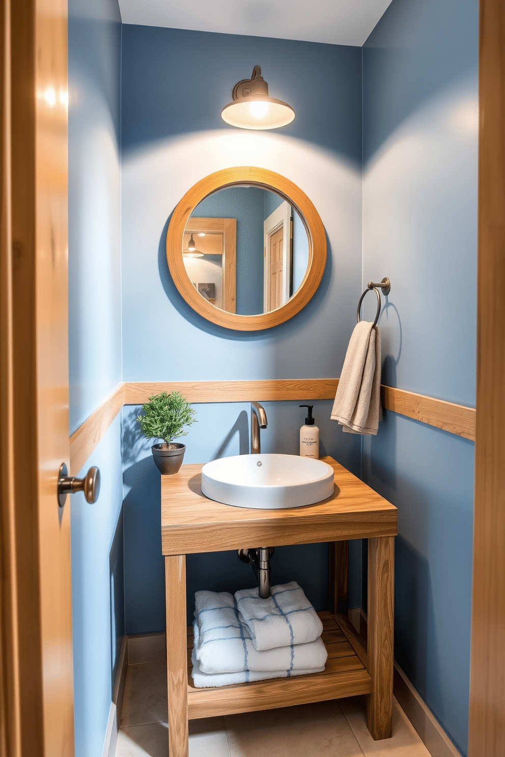 A serene blue powder room features natural wood accents that create a warm and inviting atmosphere. The walls are painted in a soft blue hue, complemented by a rustic wooden vanity topped with a white marble sink. Above the vanity, a round mirror with a wooden frame adds a touch of elegance. The flooring consists of light-colored tiles that contrast beautifully with the blue walls, while a small potted plant brings a hint of greenery to the space.