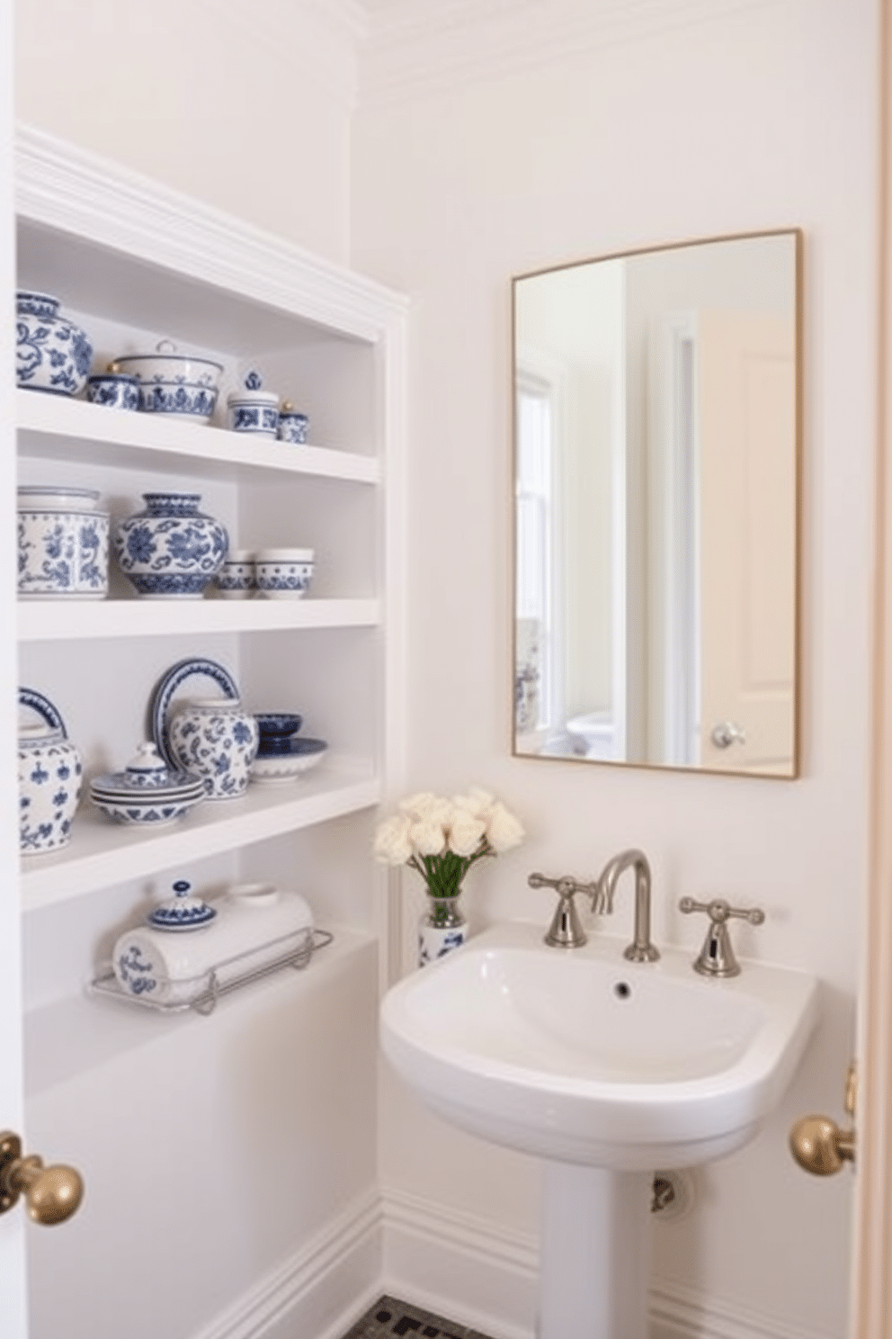 A charming powder room featuring blue and white ceramic accessories artfully displayed on open shelves. The walls are painted a soft white, creating a bright and airy atmosphere, while a sleek pedestal sink adds a touch of elegance.