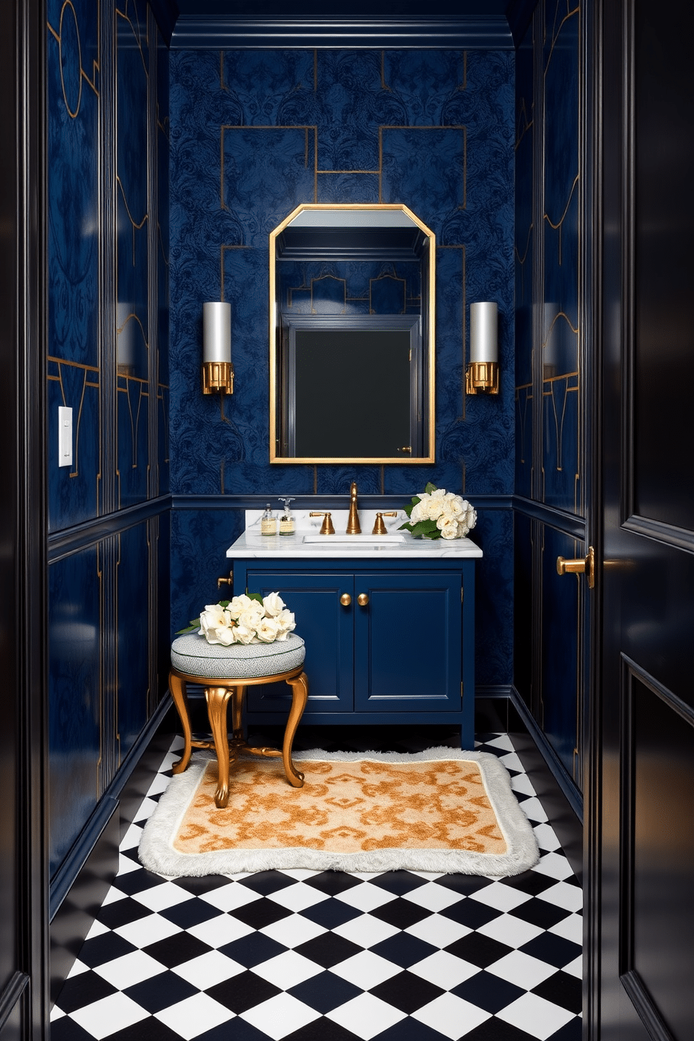 A luxurious powder room featuring art deco inspired decor with rich blue walls adorned with gold geometric patterns. The space includes a sleek gold-framed mirror above a deep blue vanity with a white marble countertop, complemented by a stylish gold faucet. The floor is covered in a striking black and white checkerboard tile, enhancing the elegant aesthetic. To add a touch of sophistication, a plush gold and blue patterned rug lies beneath a vintage-style stool, and a tasteful arrangement of fresh white flowers sits on the vanity.