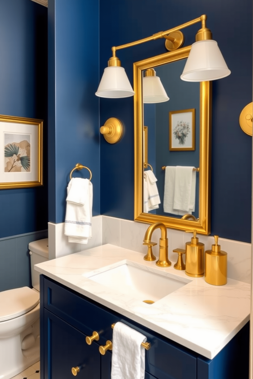 A chic powder room featuring blue and gold decorative accents. The walls are painted a soft blue, complemented by gold-framed artwork and fixtures that add a touch of elegance. A sleek, modern vanity in a deep navy blue is topped with a white marble countertop, showcasing a stylish gold faucet. Luxurious gold accessories, such as a soap dispenser and towel holder, enhance the sophisticated ambiance.