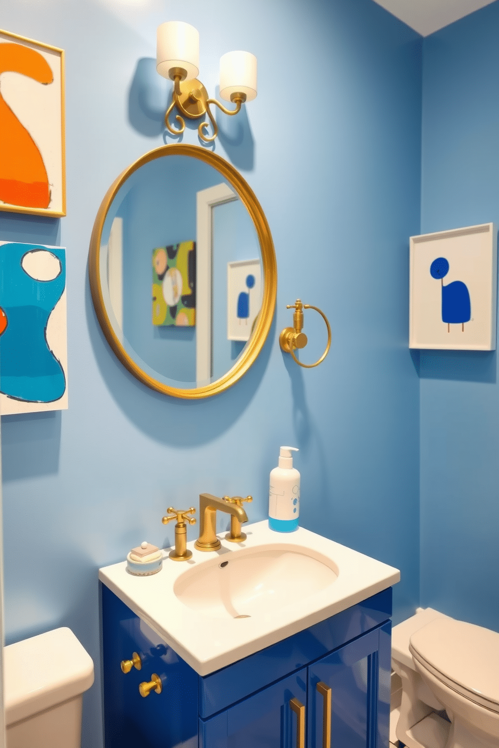 Whimsical blue art pieces adorn the walls, featuring abstract shapes and playful designs that infuse the space with vibrant energy. The powder room is accented with a sleek blue vanity topped with a glossy white sink, complemented by gold fixtures that add a touch of elegance. The walls are painted in a soft, airy blue, creating a serene backdrop for the colorful art. A round mirror with a decorative frame hangs above the vanity, reflecting the whimsical elements and enhancing the room's charm.