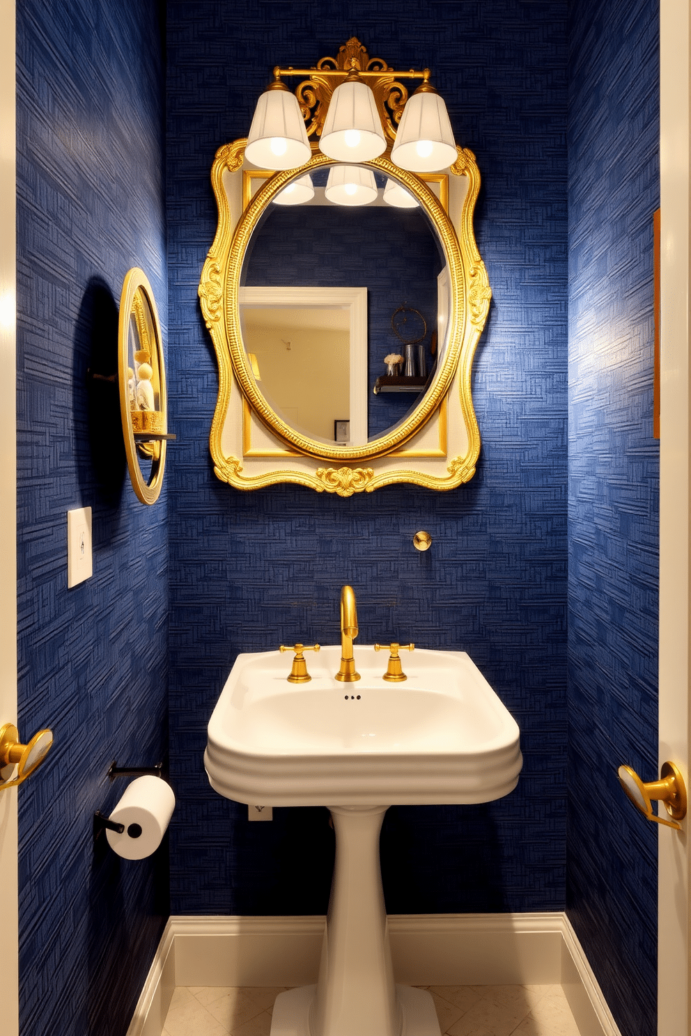 Textured blue wallpaper creates a dramatic backdrop, enhancing the elegance of the space. The powder room features a sleek white pedestal sink paired with a vintage-style gold faucet, complemented by a round mirror with an ornate frame. A small wooden shelf displays decorative items, adding personality to the room. Soft lighting fixtures illuminate the space, casting a warm glow that highlights the rich textures of the wallpaper.