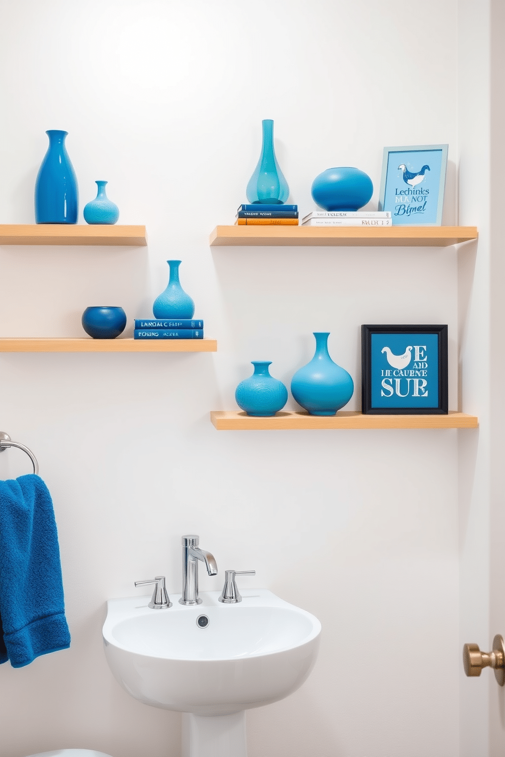 A chic powder room featuring floating shelves adorned with various blue decor items, creating a cohesive color scheme. The walls are painted in a soft white, providing a bright backdrop that enhances the vibrant blue accents throughout the space. The floating shelves are elegantly arranged with decorative vases, books, and framed art, adding personality and style to the room. A sleek, modern sink with a polished chrome faucet complements the overall aesthetic, while a plush blue towel hangs gracefully nearby.