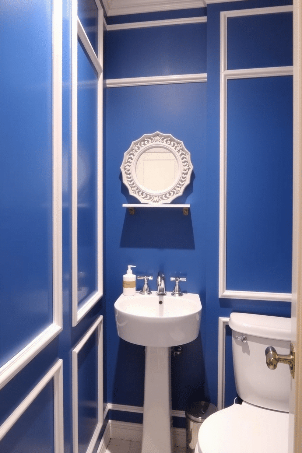 A chic powder room with bold blue paint adorning the walls, creating a striking backdrop. The white trim adds a crisp contrast, enhancing the room's elegance and sophistication. A sleek pedestal sink is positioned against one wall, complemented by a modern chrome faucet. Above the sink, a round mirror with a decorative white frame reflects the vibrant colors, while a small shelf displays stylish toiletries.