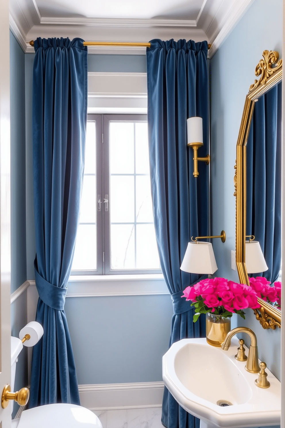 A chic powder room adorned with luxe blue velvet curtains that softly frame a window, adding a touch of elegance and warmth to the space. The walls are painted in a soft powder blue, complemented by a sleek white pedestal sink and a stylish gold-framed mirror that enhances the room's sophistication.