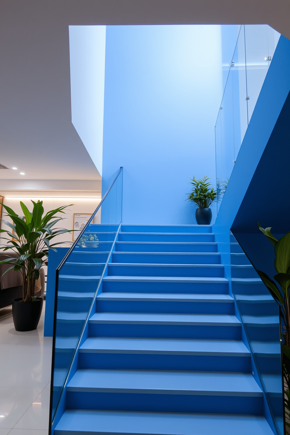 A contemporary staircase features a striking blue hue that draws the eye upward. The sleek glass railing provides a modern touch, allowing light to flow freely while enhancing the open feel of the space. The staircase is complemented by minimalist lighting fixtures that illuminate the steps, creating a warm and inviting atmosphere. Surrounding decor includes potted plants that add a touch of greenery, harmonizing beautifully with the blue tones.