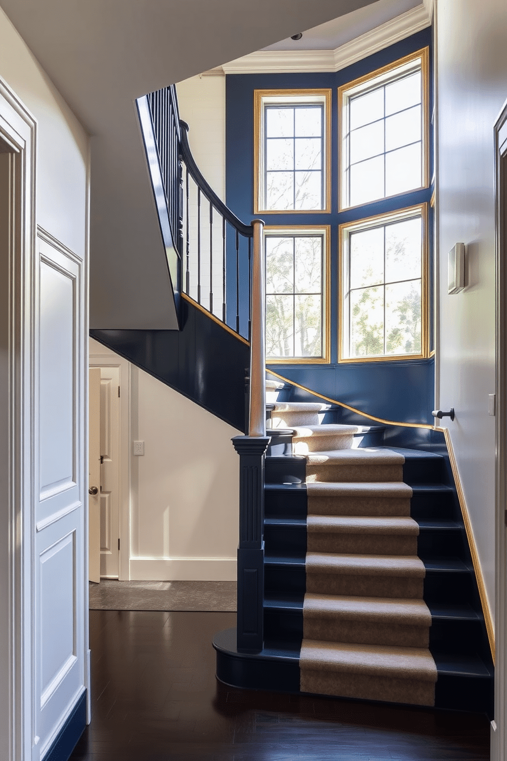 A striking dark blue staircase features elegant gold trim along the edges, creating a luxurious focal point in the entryway. The surrounding walls are painted in a soft white, enhancing the richness of the blue while allowing the gold accents to shine. The staircase is adorned with a plush runner in a complementary shade, adding warmth and texture to the design. Natural light streams in through a large window nearby, illuminating the staircase and highlighting the intricate details of the trim.