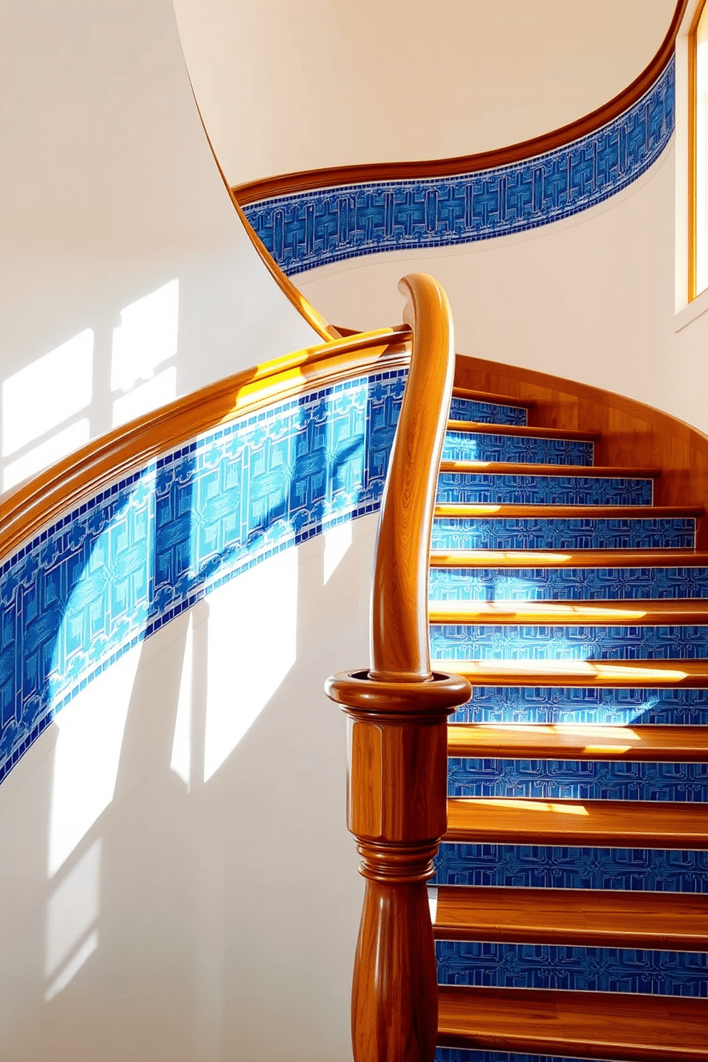 A stunning staircase featuring blue tile accents that create intricate patterns along the risers. The handrail is crafted from polished wood, complementing the vibrant blue tiles that add a modern touch to the classic design. The surrounding walls are painted in a soft white, enhancing the visual impact of the blue tiles. Natural light pours in from a nearby window, casting beautiful shadows and highlighting the staircase's elegant curves.