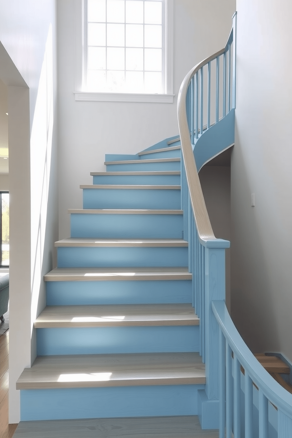 A stunning light blue stained wood staircase elegantly ascends, featuring sleek, modern railings that complement its soft hue. The staircase is illuminated by natural light pouring in from a large window, highlighting the unique grain of the wood and creating a serene atmosphere. The design incorporates minimalist elements, with clean lines and a subtle curve that adds a touch of sophistication. Surrounding the staircase, the walls are painted in a crisp white, enhancing the staircase's calming blue tones and creating a cohesive look throughout the space.