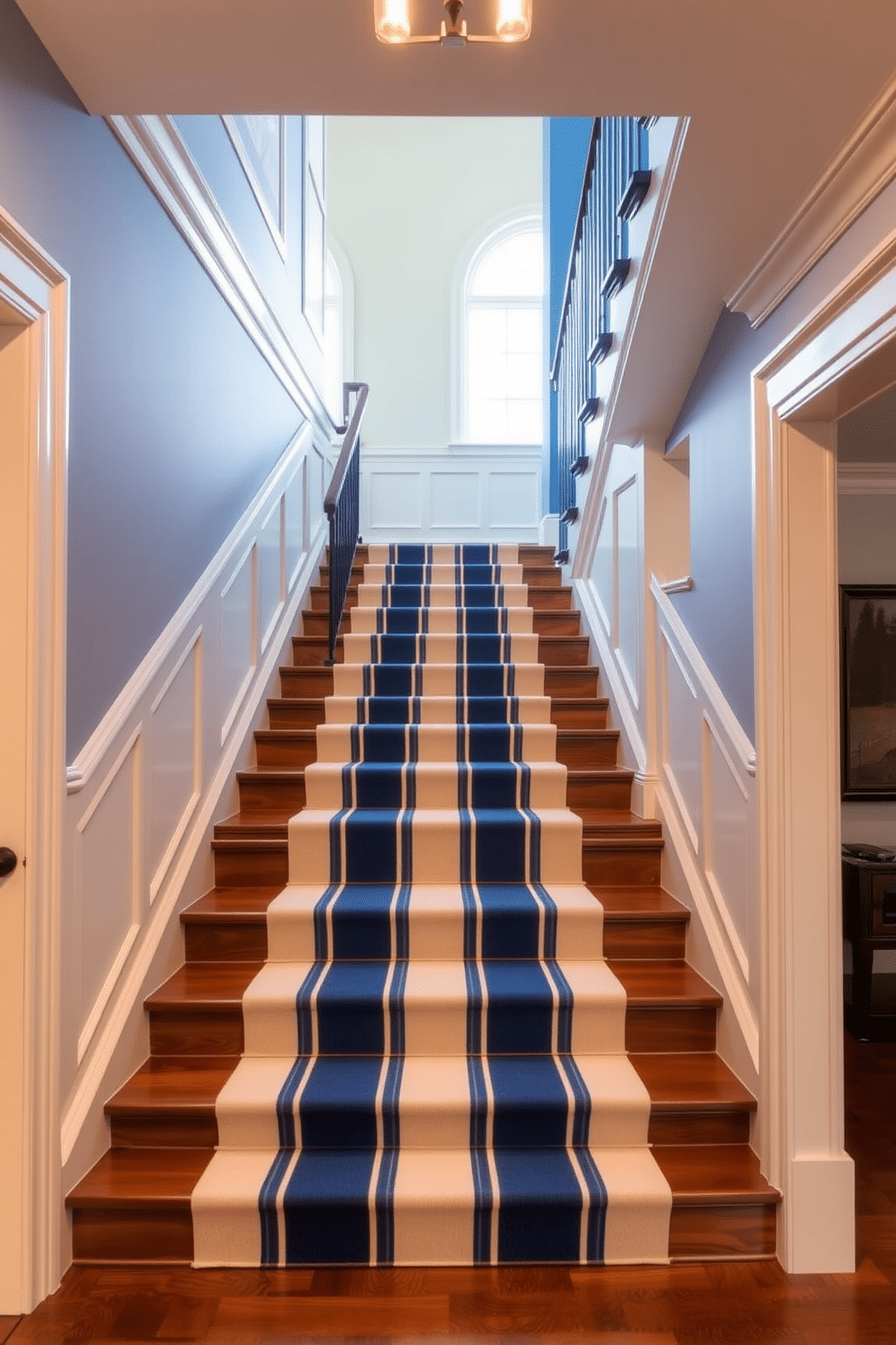 A stunning blue and white striped stair runner cascades down a grand staircase, adding a touch of elegance to the space. The runner features a bold pattern that contrasts beautifully with the rich wooden steps, enhancing the overall aesthetic of the home. The blue staircase is adorned with intricate moldings and a sleek banister, creating a sophisticated focal point in the entryway. Soft, ambient lighting highlights the runner, inviting guests to ascend in style while complementing the home's luxurious decor.