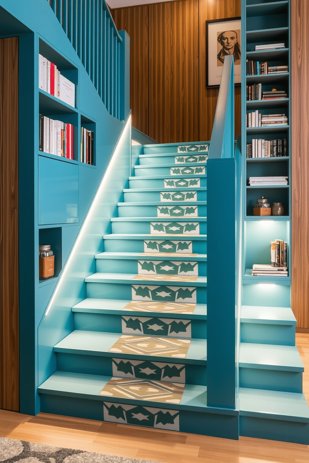 A striking teal staircase features integrated storage solutions seamlessly built into the design, creating both functionality and visual appeal. The staircase is flanked by elegant wood paneling, enhancing the modern aesthetic while providing ample space for books and decor. The blue staircase design incorporates bold geometric patterns on the risers, adding a playful touch to the overall look. Soft lighting illuminates the steps, creating a warm ambiance that draws attention to the unique design elements.