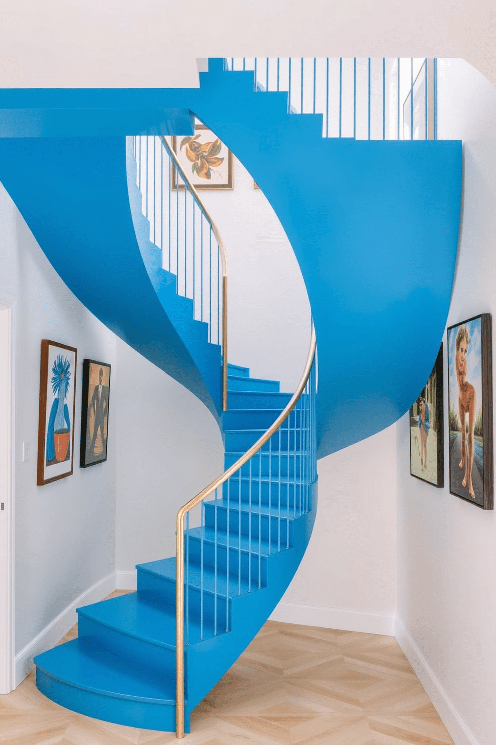 A stunning cerulean blue staircase spirals gracefully upwards, featuring sleek, minimalist railings that complement its vibrant hue. The walls adjacent to the staircase are adorned with contemporary art pieces, creating a striking contrast that enhances the overall aesthetic.