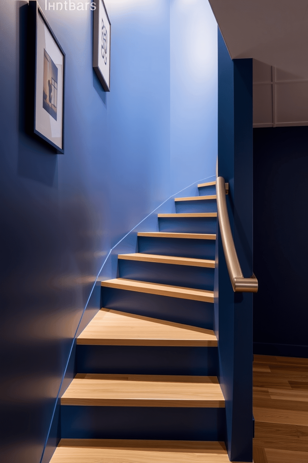 A striking deep blue staircase features natural wood steps that create a stunning contrast. The walls are adorned with minimalist artwork, enhancing the modern aesthetic of the space. Soft lighting illuminates the staircase, highlighting the rich hues of blue while creating a warm ambiance. A sleek handrail made of brushed metal adds a touch of sophistication to the overall design.